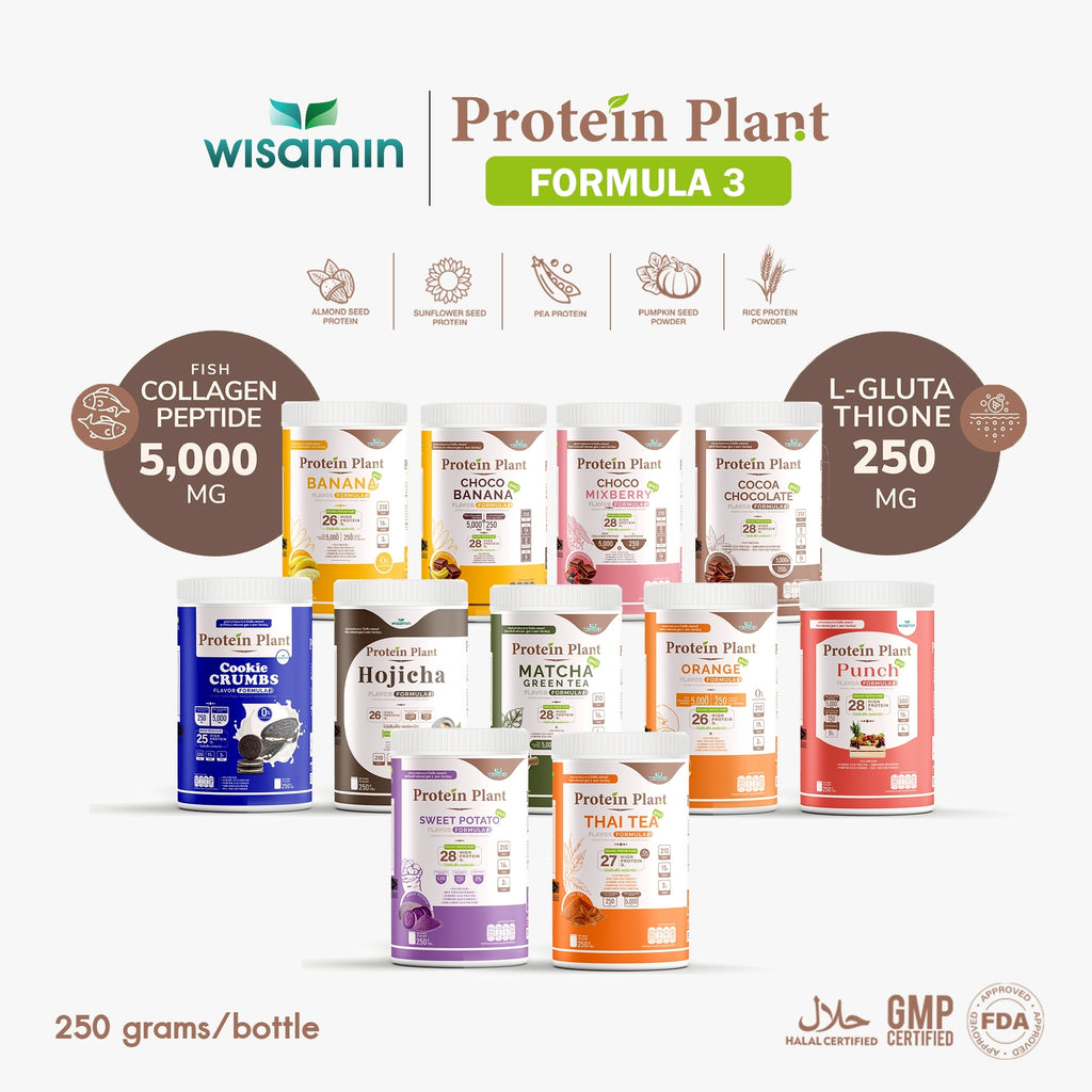 WISAMIN Formula Protein Tumbuhan 3 | Protein tinggi 25-28g | Dengan Peptida Kolagen & L-Glutathione | 250g | 11 Perisa | Disahkan Halal | Organik