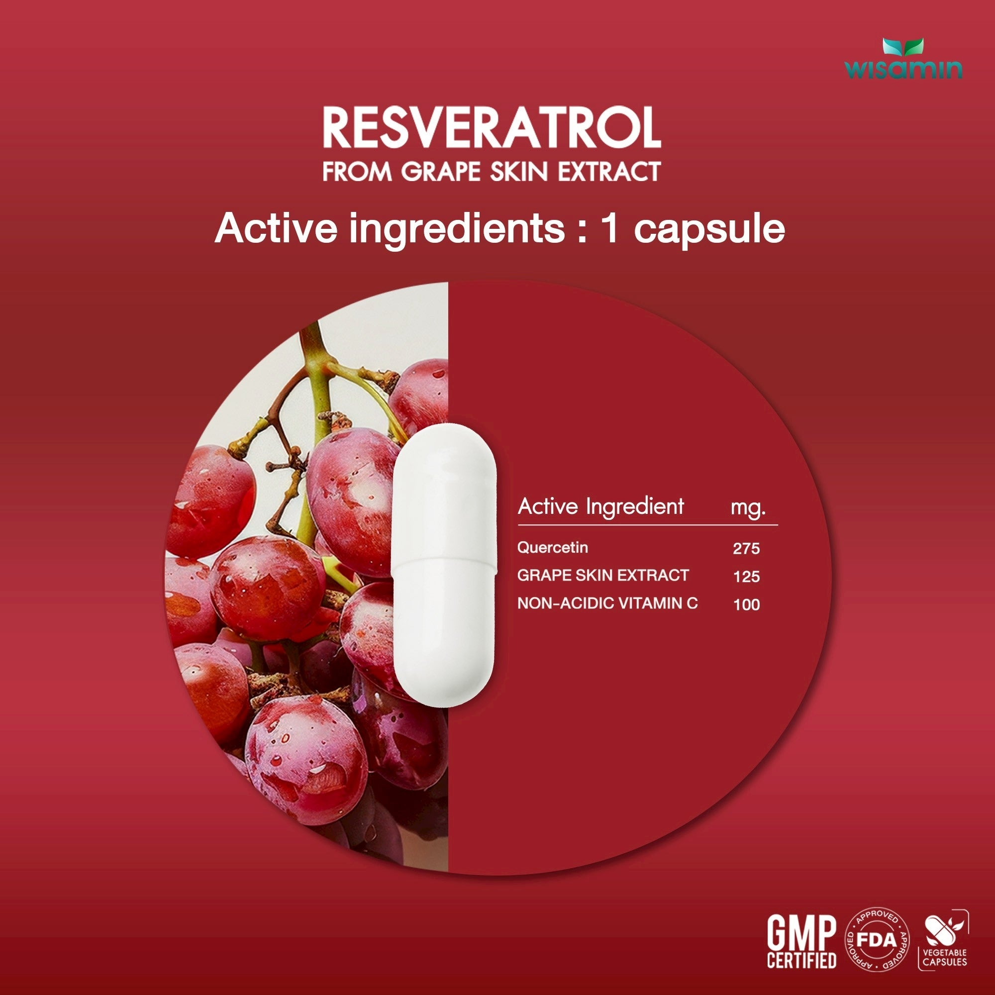 WISAMIN Resveratrol from Grape Skin Extract Capsule | Halal Certified | 1 Bottle 30 Capsules