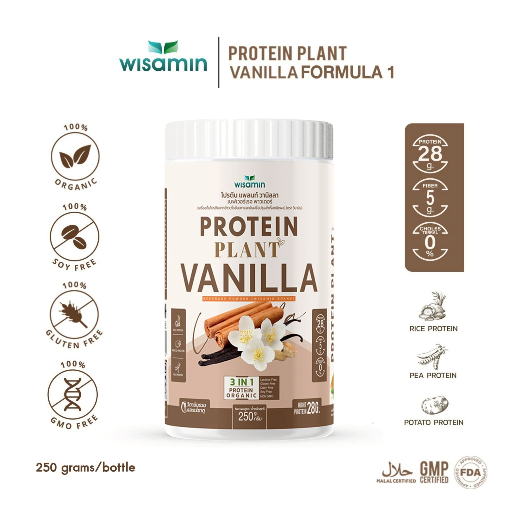 WISAMIN Plant Protein Formula 1 | High protein 27-30g | 10 Flavors | 250g | Organic | Halal | Soy-Free | Non-GMO | No Added Sugar
