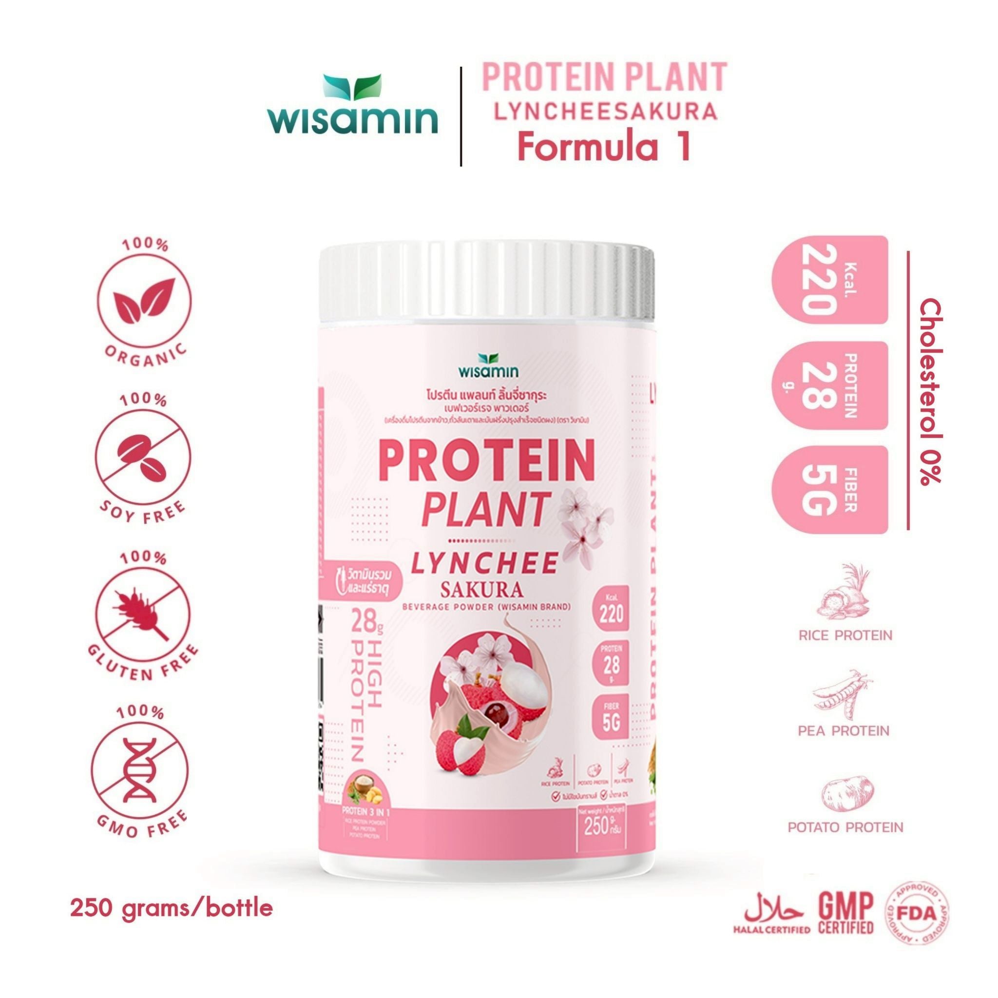 WISAMIN Plant Protein Formula 1 | High protein 27-30g | 10 Flavors | 250g | Organic | Halal | Soy-Free | Non-GMO | No Added Sugar