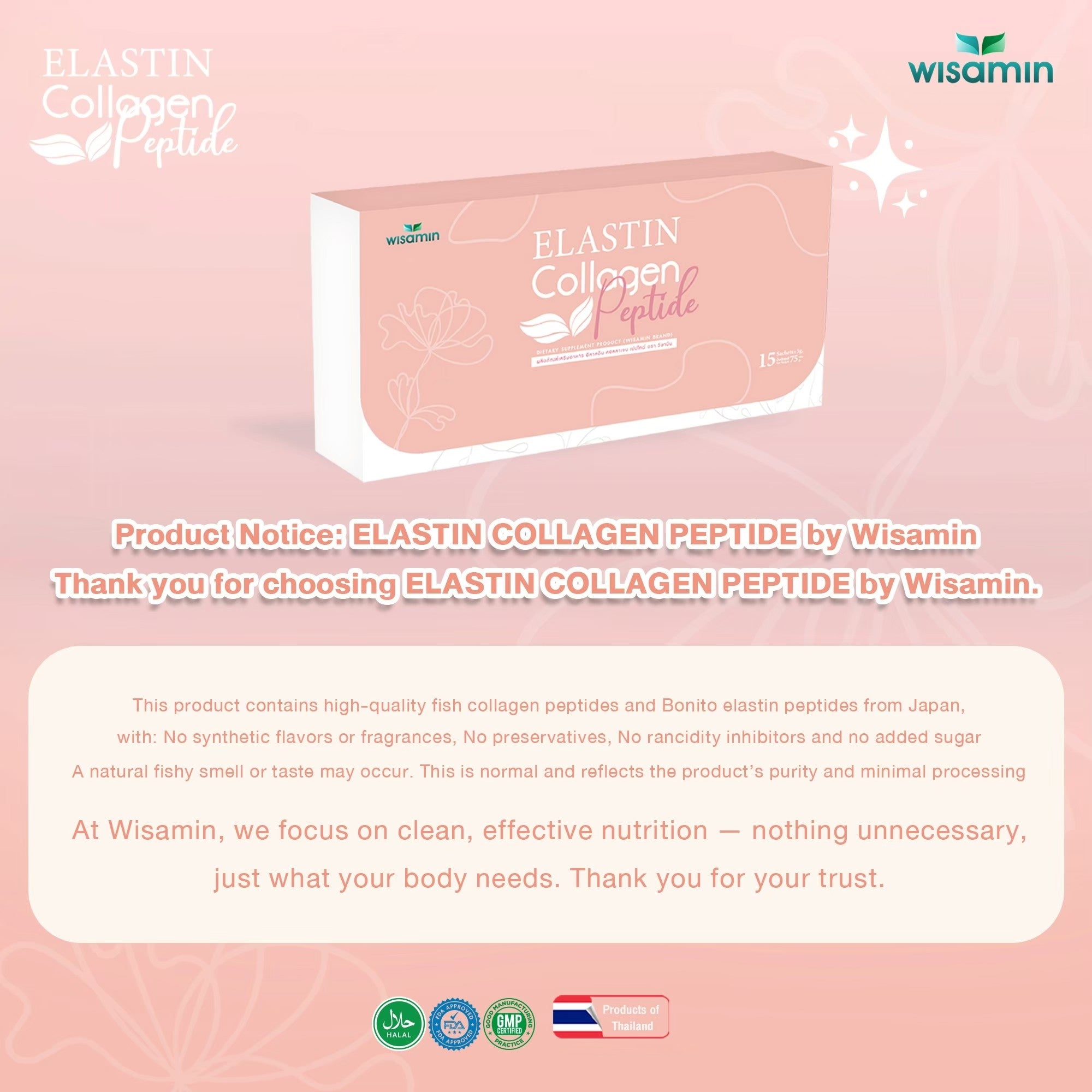 WISAMIN Elastin Collagen Peptide | Dietary Supplement | Halal Certified | 1 Box 15 Sachets