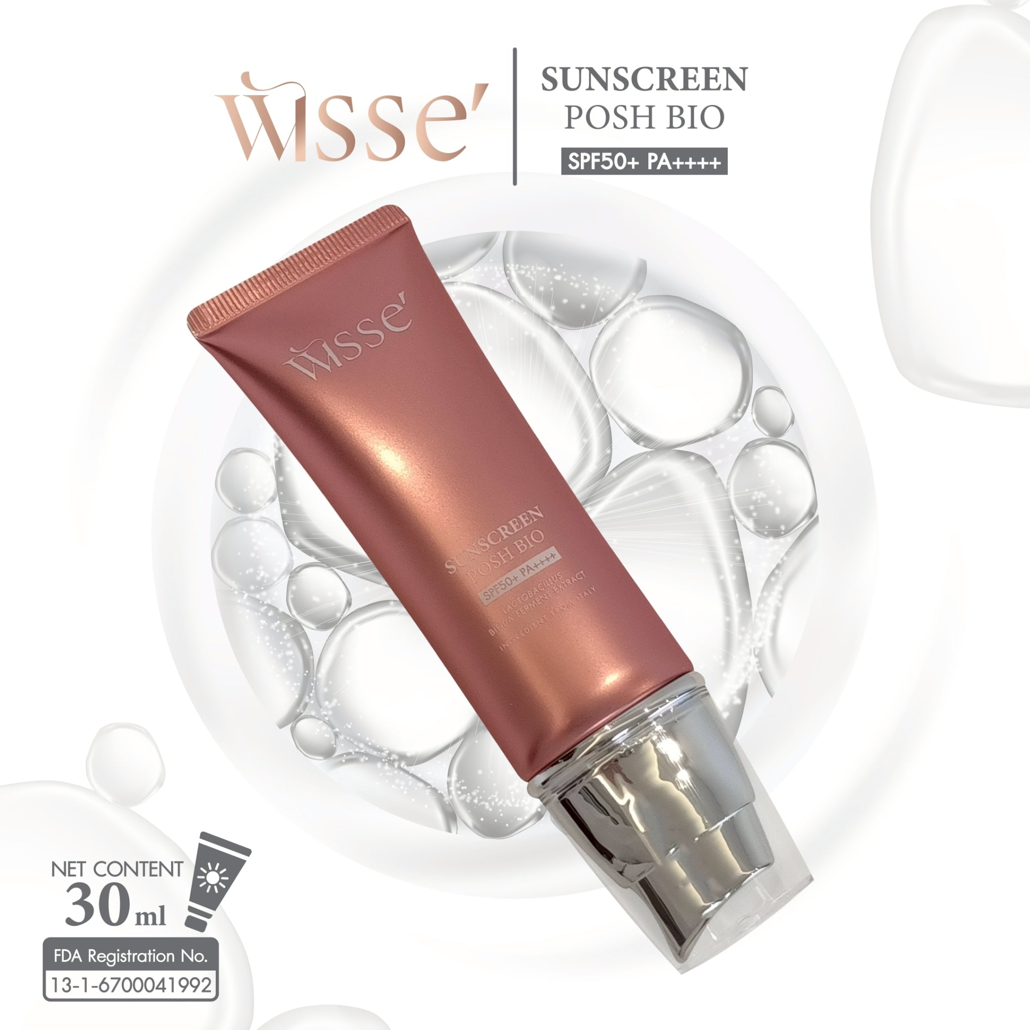 WISSE SUNSCREEN POSH BIO SPF50+ PA++++ | Hybrid Sunscreen Technology | 30 ml per Tube