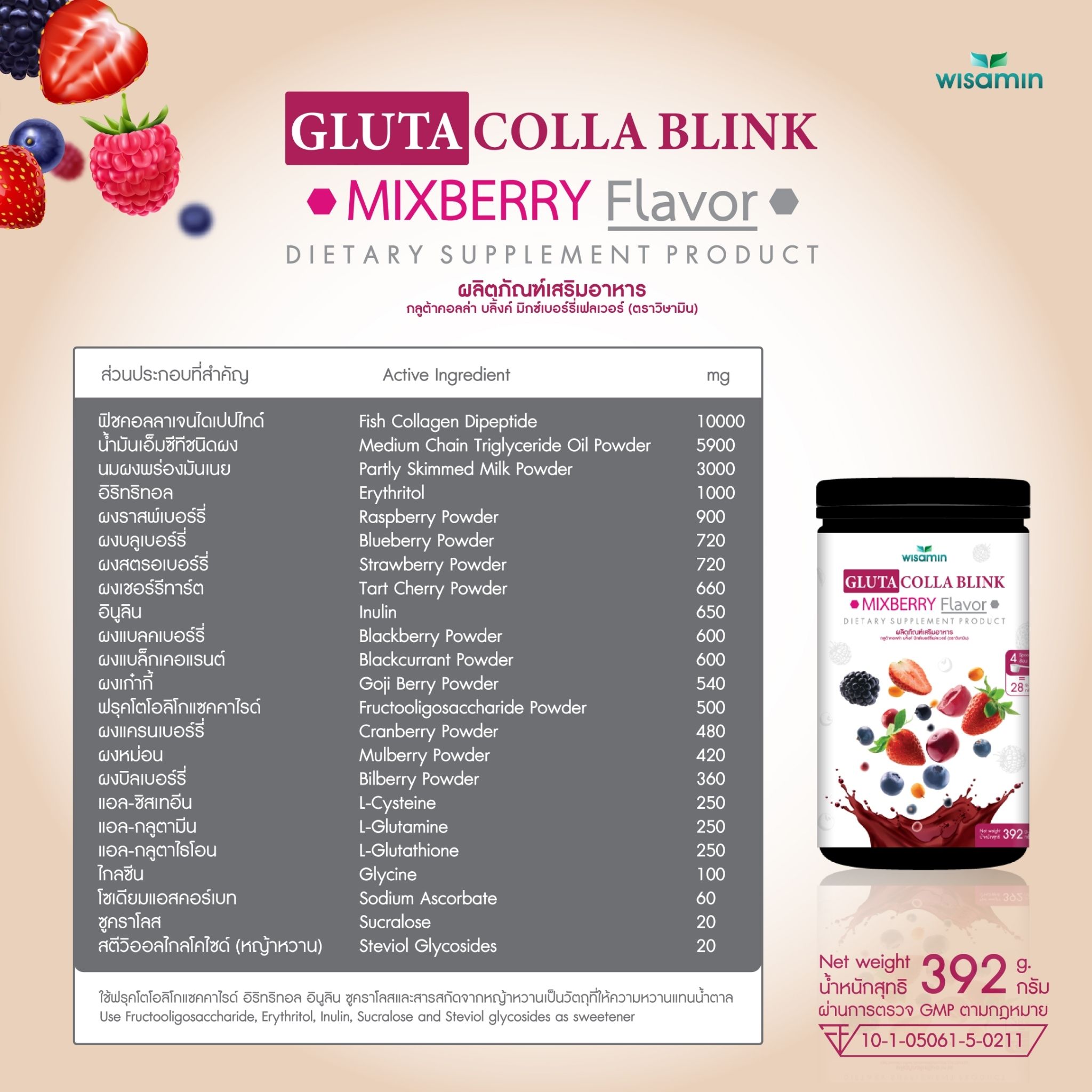 WISAMIN Gluta Colla Blink Beauty Series | 5 Flavors | 392g | Halal Certified | Fish Collagen & L-Glutathione