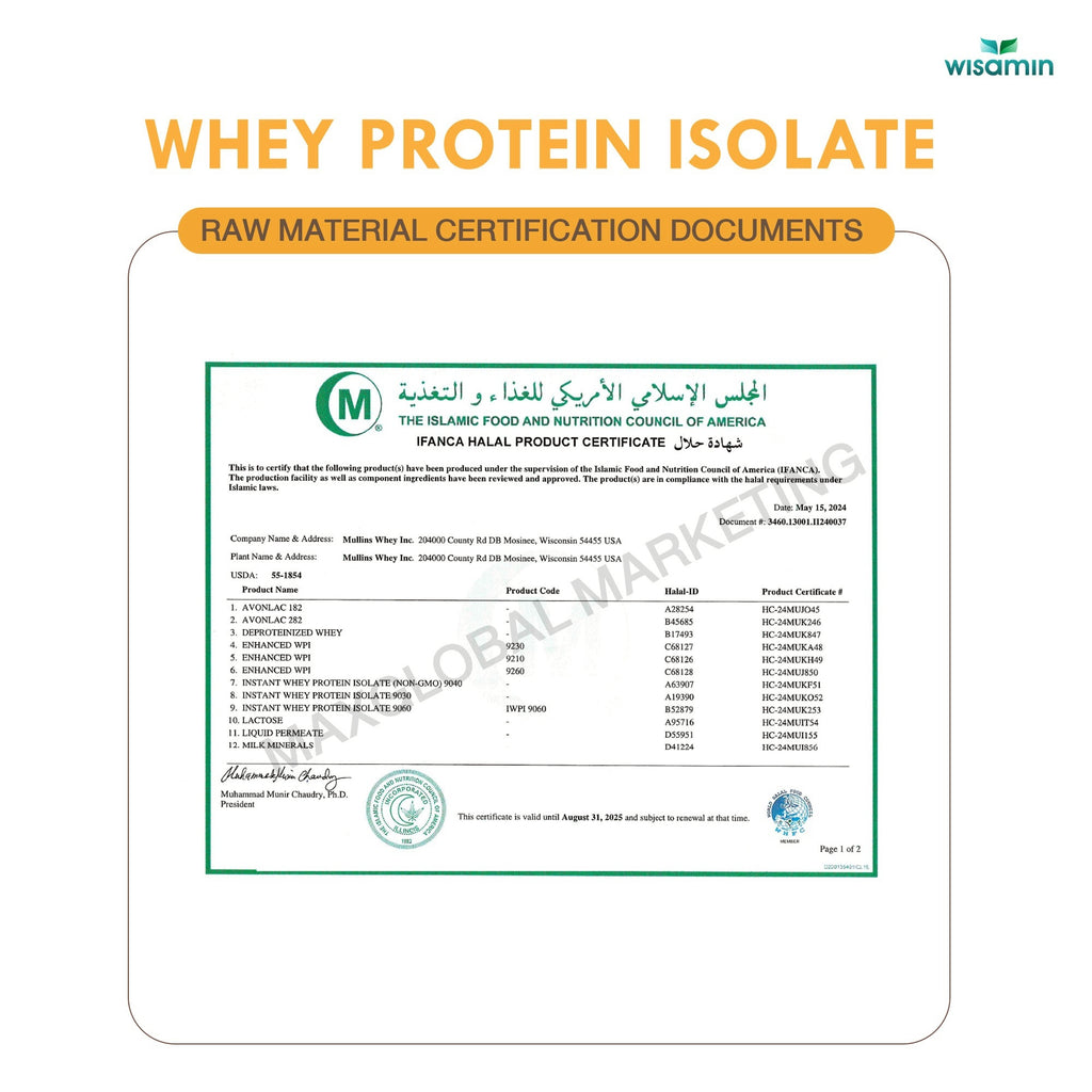 WISAMIN Whey Protein Isolate | 900g (2LB) | 28–32g Protein | 11 Flavors | No Added Sugar | Halal Certified