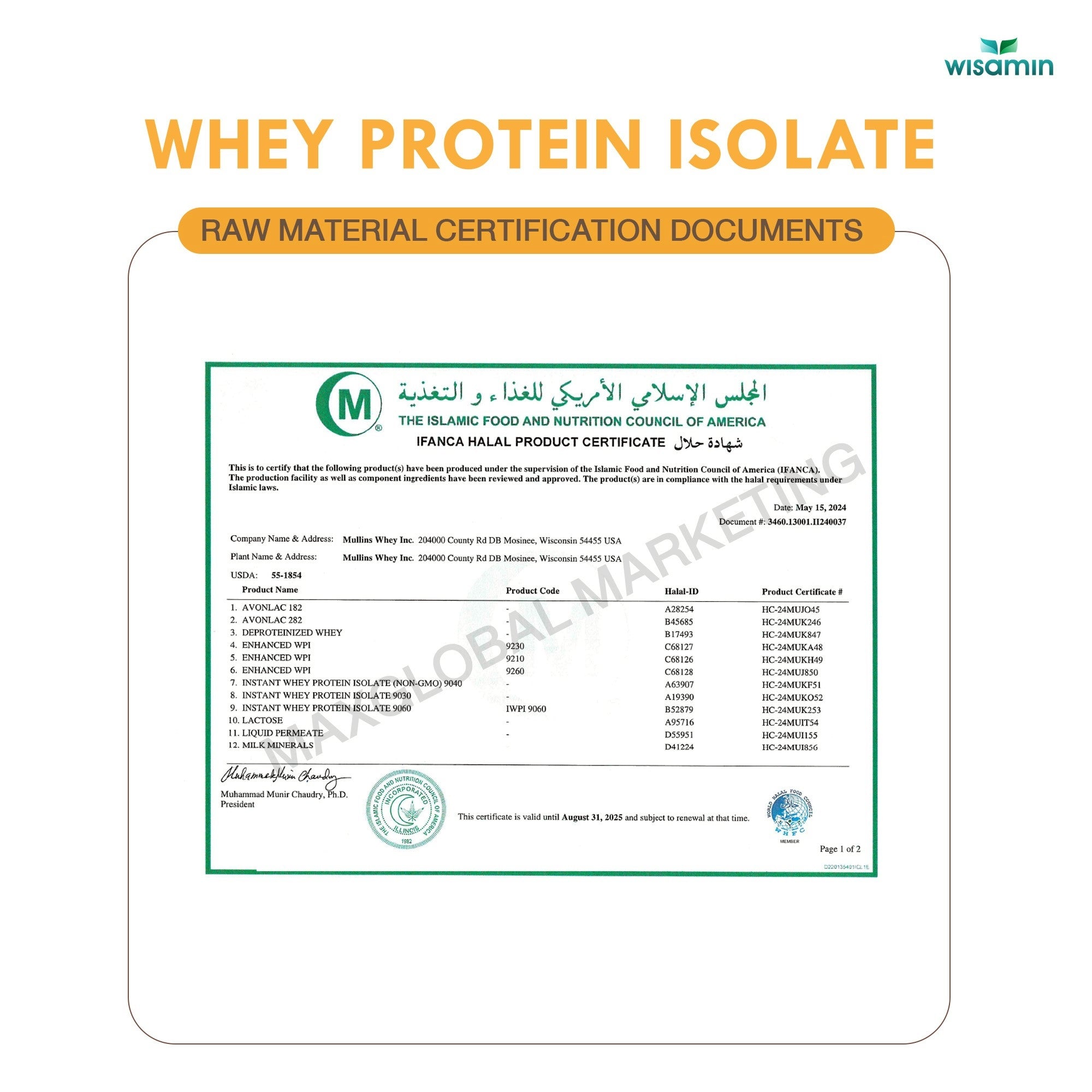 WISAMIN Whey Protein Isolate | 900g (2LB) | 28–32g Protein | 11 Flavors | No Added Sugar | Halal Certified