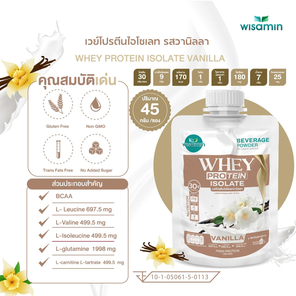 WISAMIN Whey Protein Isolate | 45g Ready-to-Mix Sachet | 28–32g Protein | 11 Flavors | Halal Certified | No Added Sugar