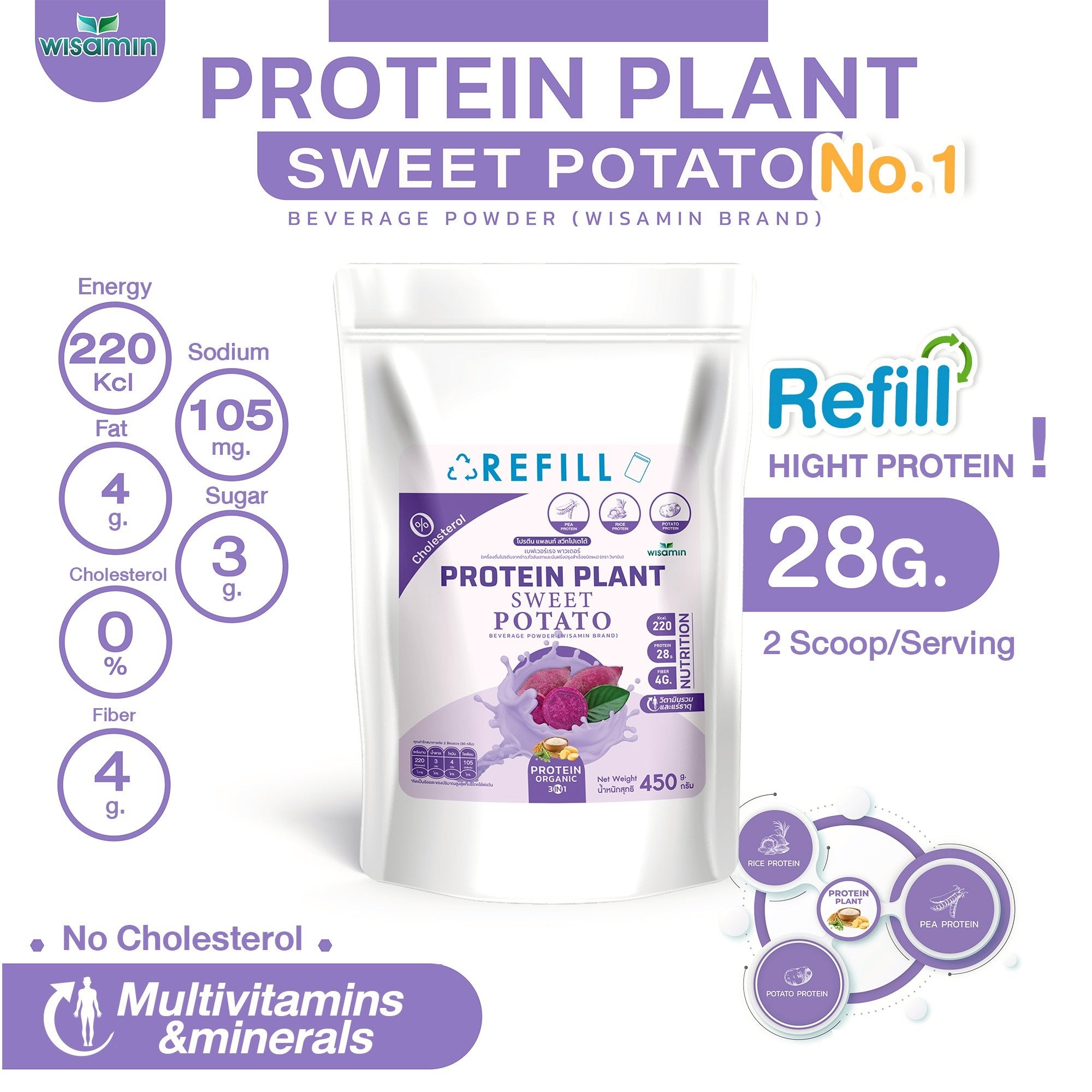 WISAMIN Plant Protein Formula 1 Refill Pack | 450 g | 10 Flavors | Halal Certified | Organic | Soy-Free | Non-GMO