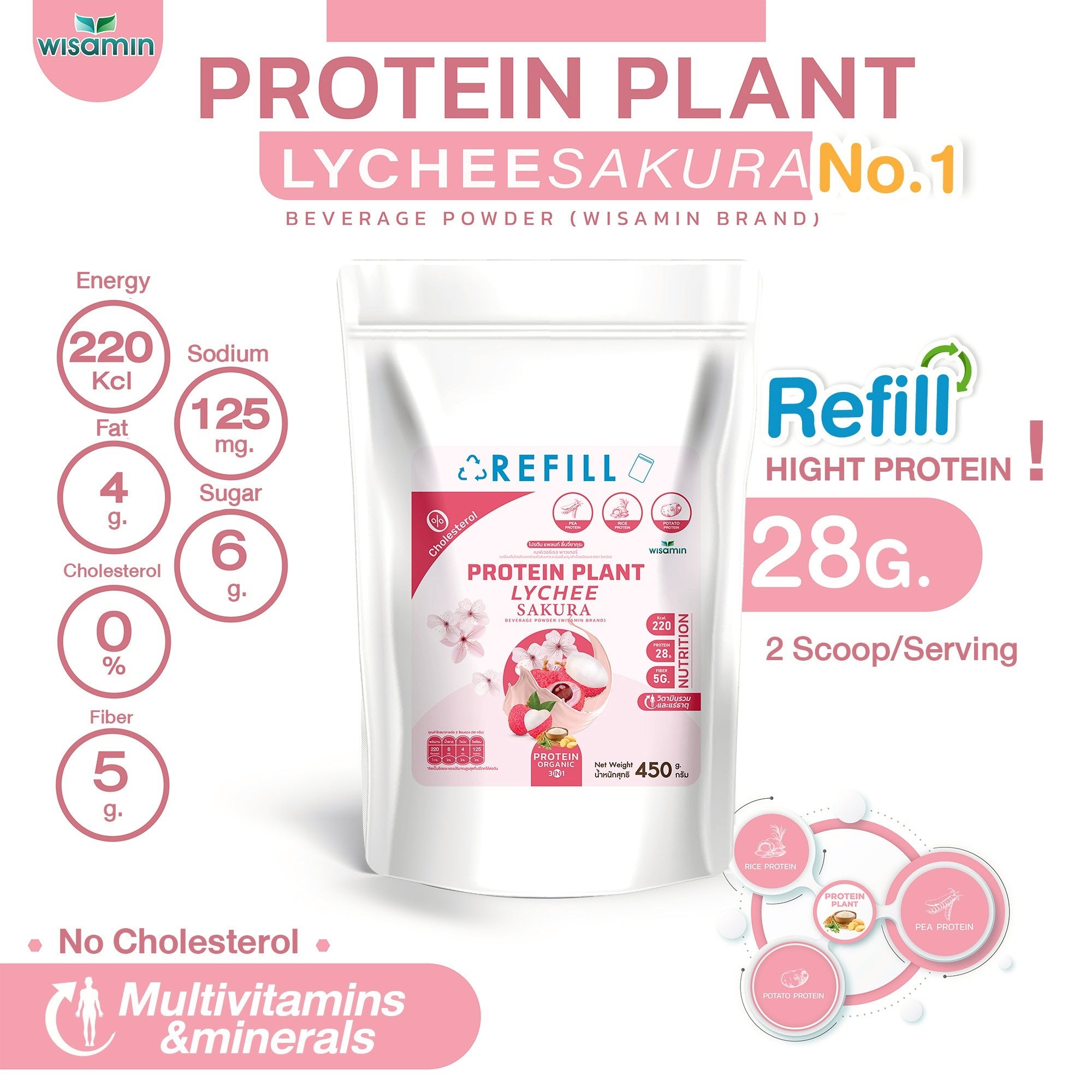WISAMIN Plant Protein Formula 1 Refill Pack | 450 g | 10 Flavors | Halal Certified | Organic | Soy-Free | Non-GMO
