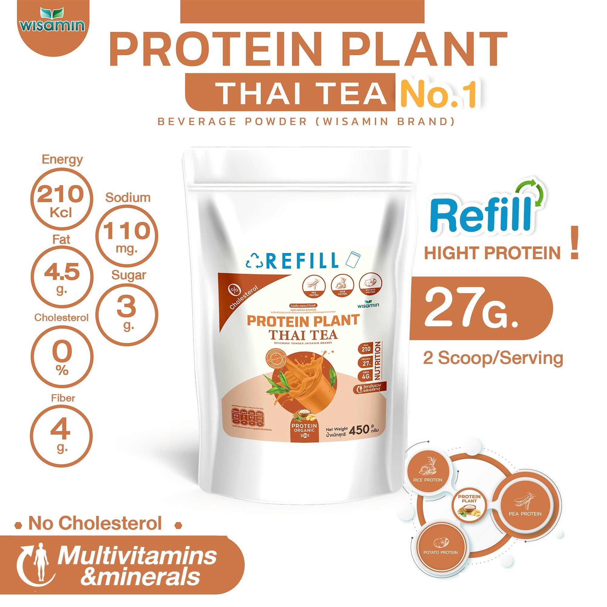 WISAMIN Plant Protein Formula 1 Refill Pack | 450 g | 10 Flavors | Halal Certified | Organic | Soy-Free | Non-GMO
