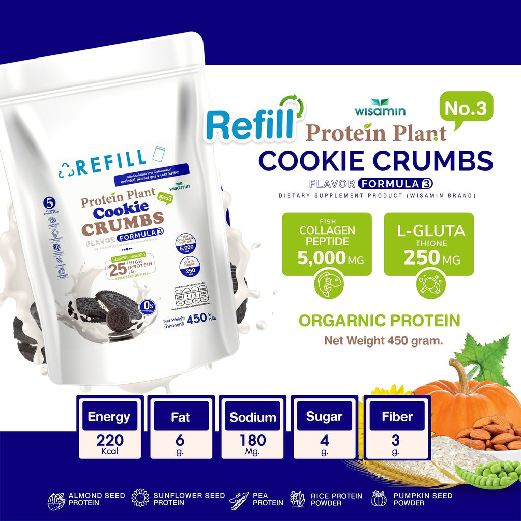 WISAMIN Plant Protein Formula 3 | Refill Pack 450 g | 11 Flavors | Halal Certified | Organic | Collagen Peptide | L-Glutathione