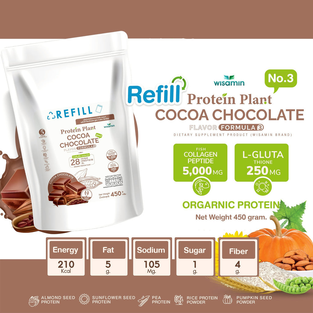 WISAMIN Plant Protein Formula 3 | Refill Pack 450 g | 11 Flavors | Halal Certified | Organic | Collagen Peptide | L-Glutathione