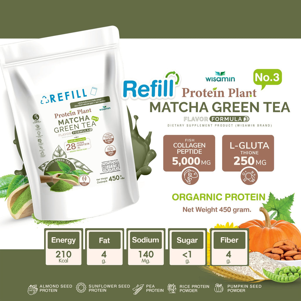 WISAMIN Plant Protein Formula 3 | Refill Pack 450 g | 11 Flavors | Halal Certified | Organic | Collagen Peptide | L-Glutathione