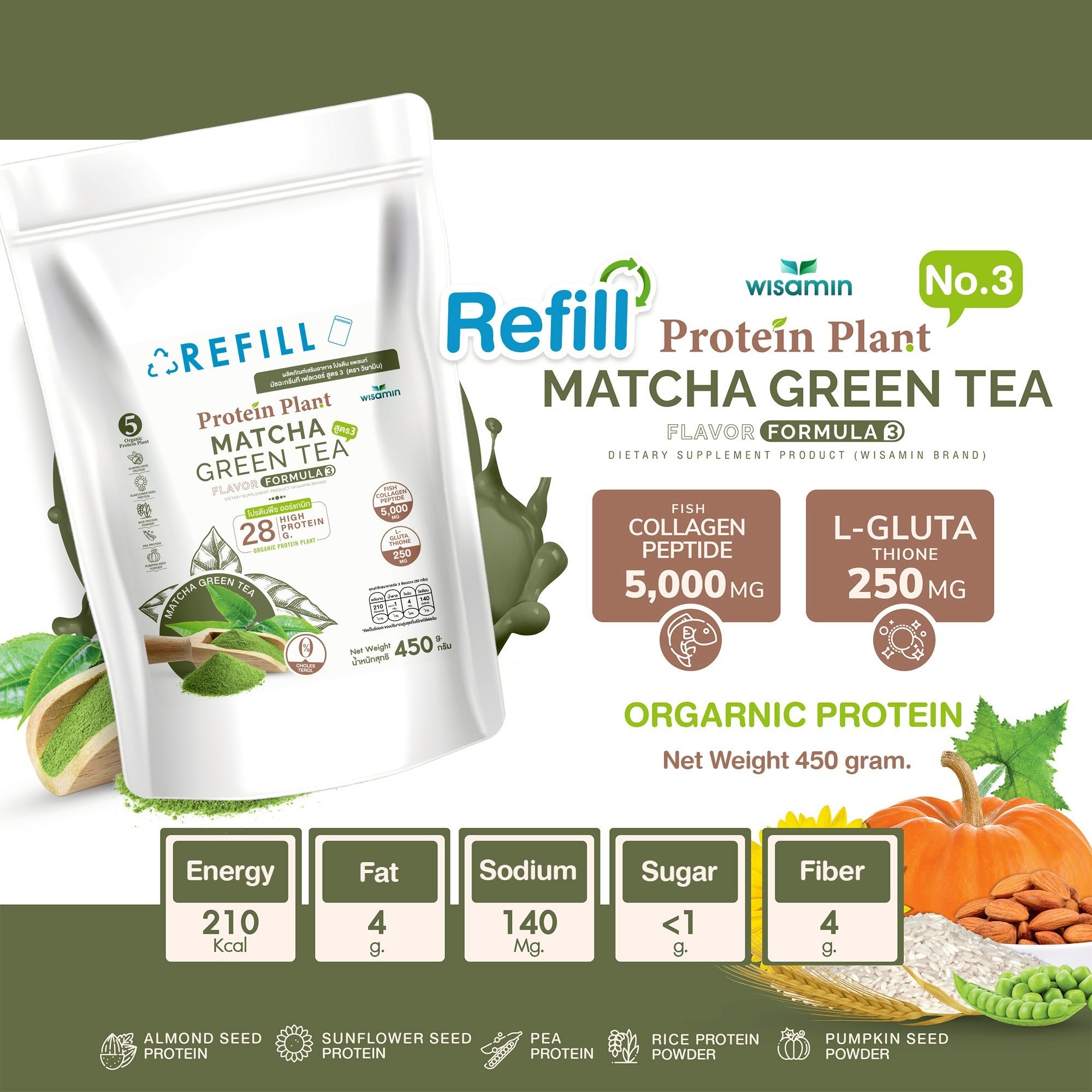 WISAMIN Plant Protein Formula 3 | Refill Pack 450 g | 11 Flavors | Halal Certified | Organic | Collagen Peptide | L-Glutathione
