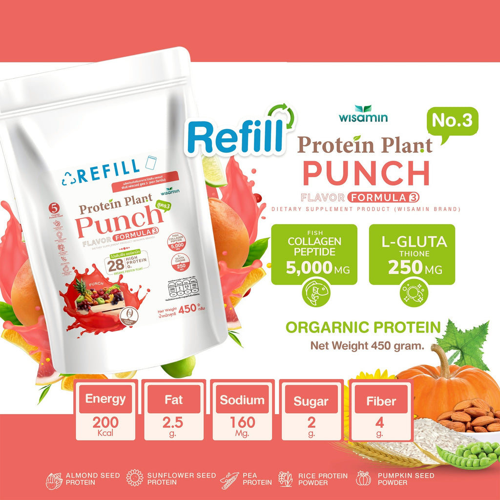 WISAMIN Plant Protein Formula 3 | Refill Pack 450 g | 11 Flavors | Halal Certified | Organic | Collagen Peptide | L-Glutathione