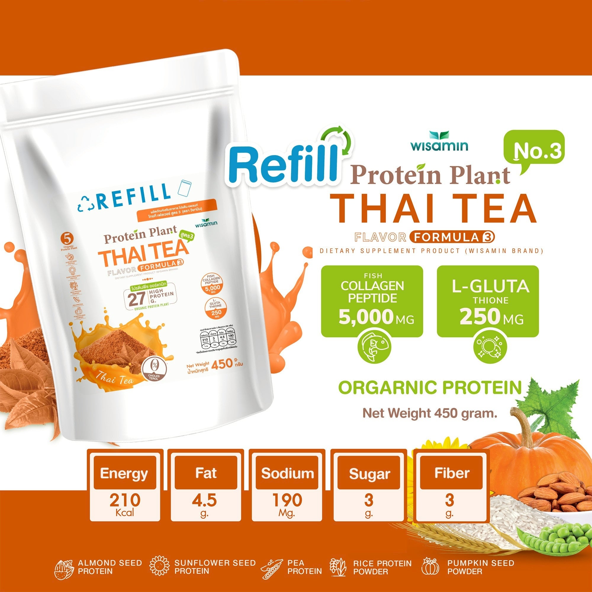 WISAMIN Plant Protein Formula 3 | Refill Pack 450 g | 11 Flavors | Halal Certified | Organic | Collagen Peptide | L-Glutathione