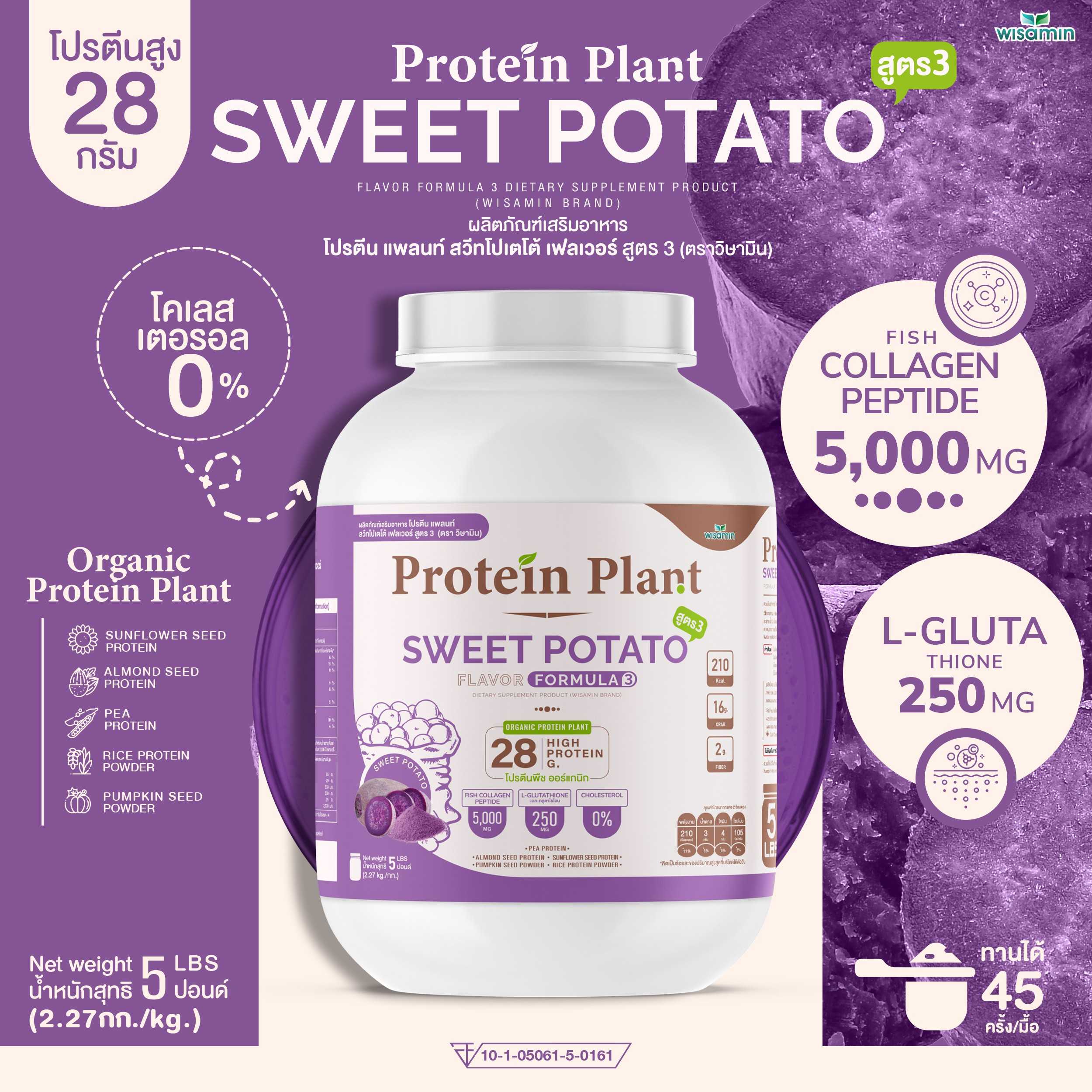 WISAMIN Plant Protein Formula 3 | 2.27 kg (5 lb) | 11 Flavors | Halal | Organic | Collagen Peptide | L-Glutathione