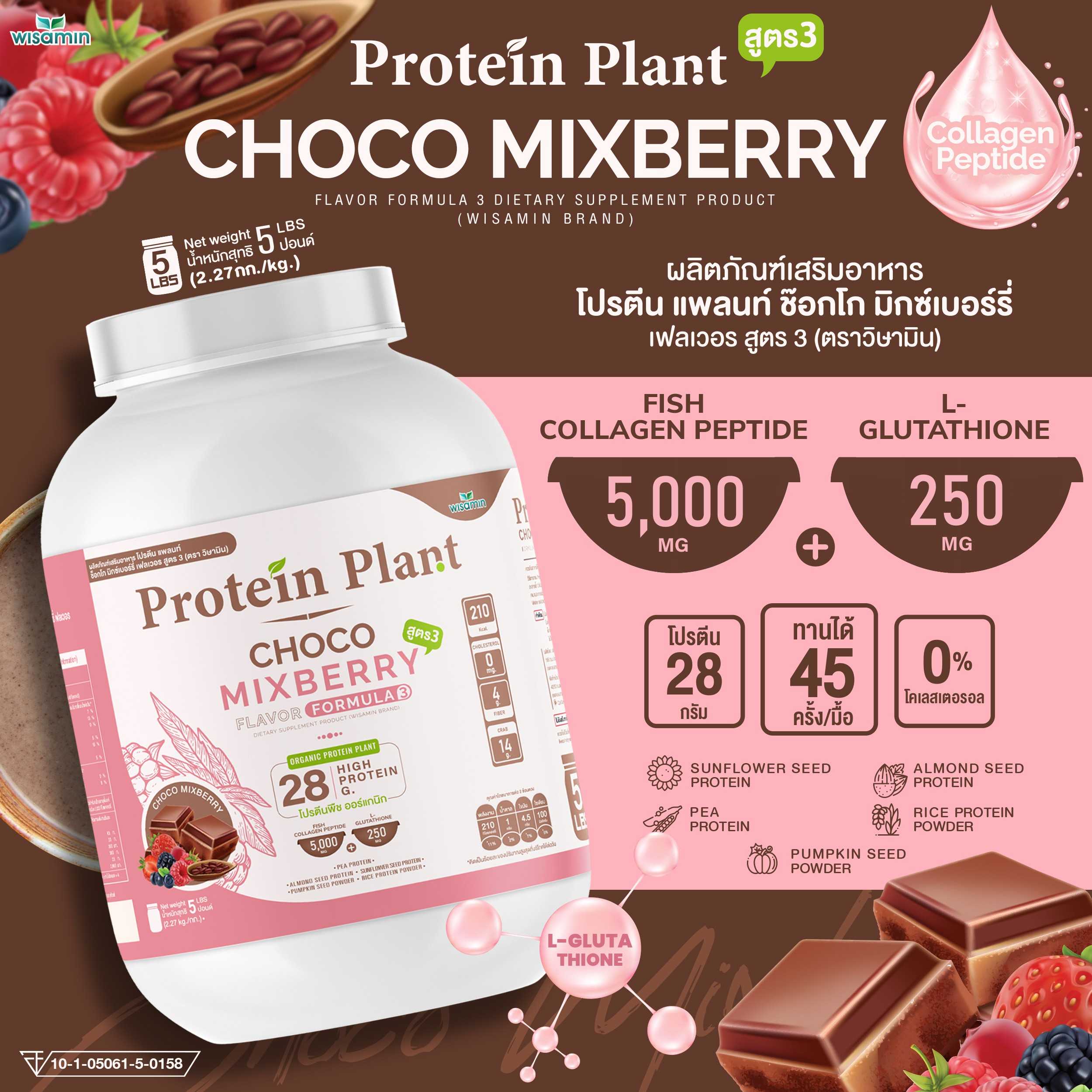 WISAMIN Plant Protein Formula 3 | 2.27 kg (5 lb) | 11 Flavors | Halal | Organic | Collagen Peptide | L-Glutathione
