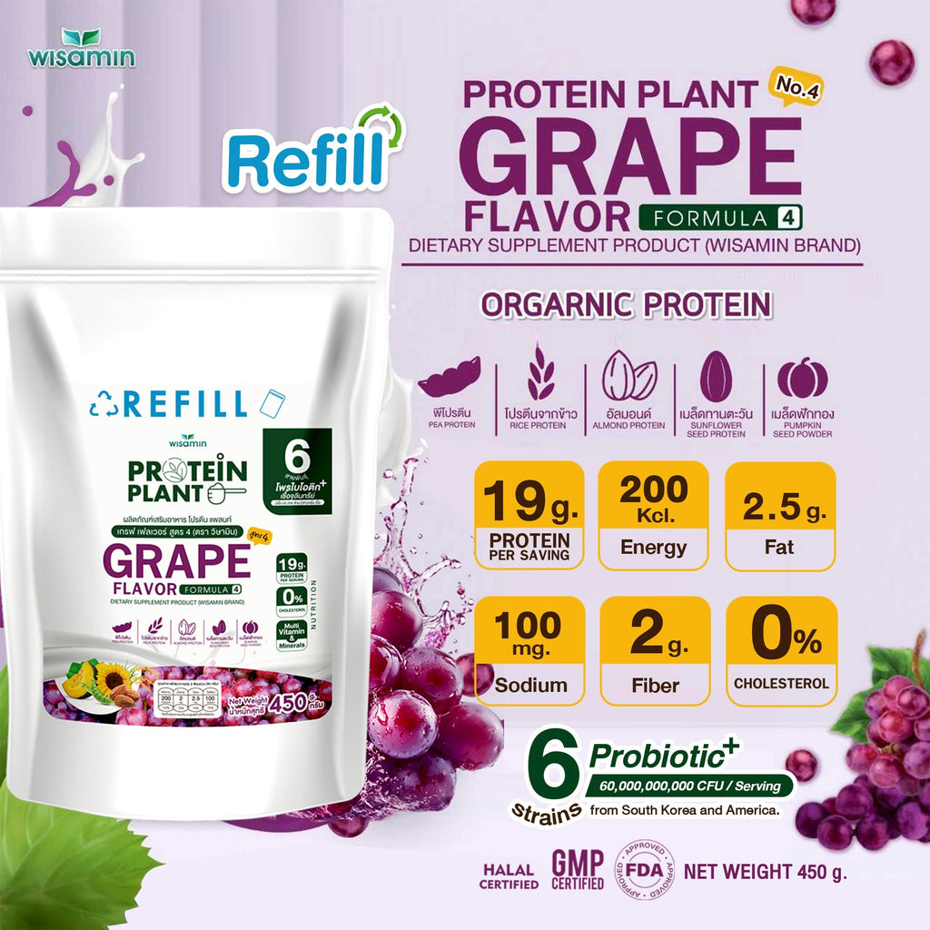 WISAMIN Plant Protein Formula 4 | Refill Pack 450 g | 14 Flavors | Halal Certified | Organic | Probiotics & Minerals