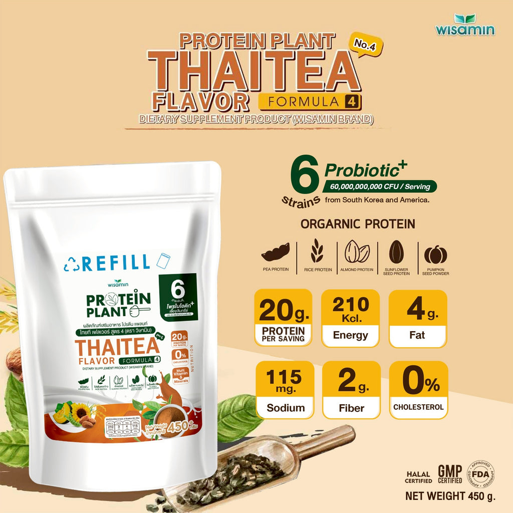 WISAMIN Plant Protein Formula 4 | Refill Pack 450 g | 14 Flavors | Halal Certified | Organic | Probiotics & Minerals
