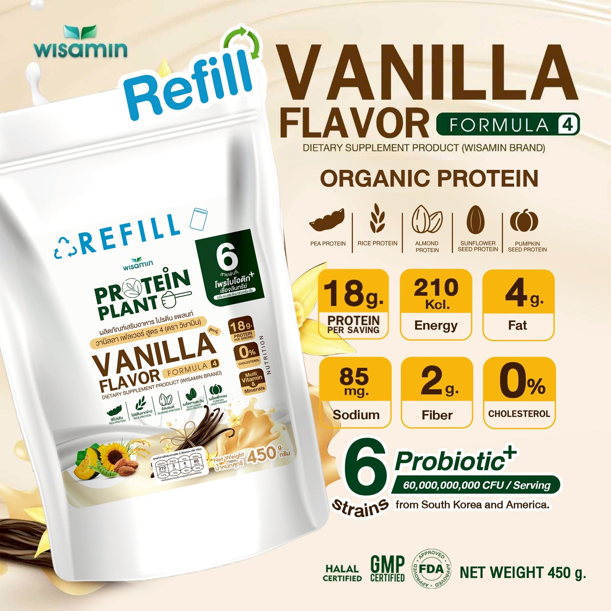 WISAMIN Plant Protein Formula 4 | Refill Pack 450 g | 14 Flavors | Halal Certified | Organic | Probiotics & Minerals