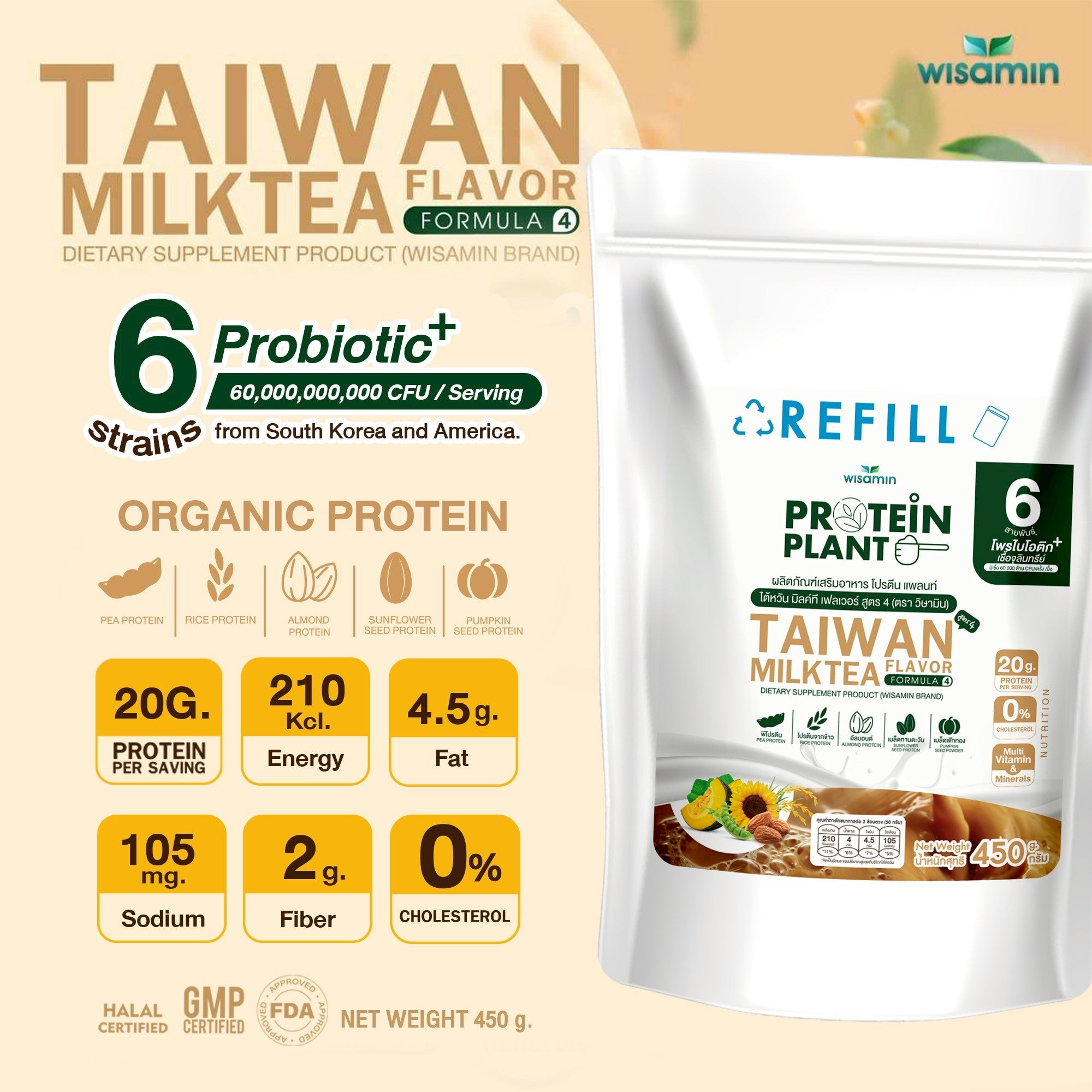 WISAMIN Plant Protein Formula 4 | Refill Pack 450 g | 14 Flavors | Halal Certified | Organic | Probiotics & Minerals