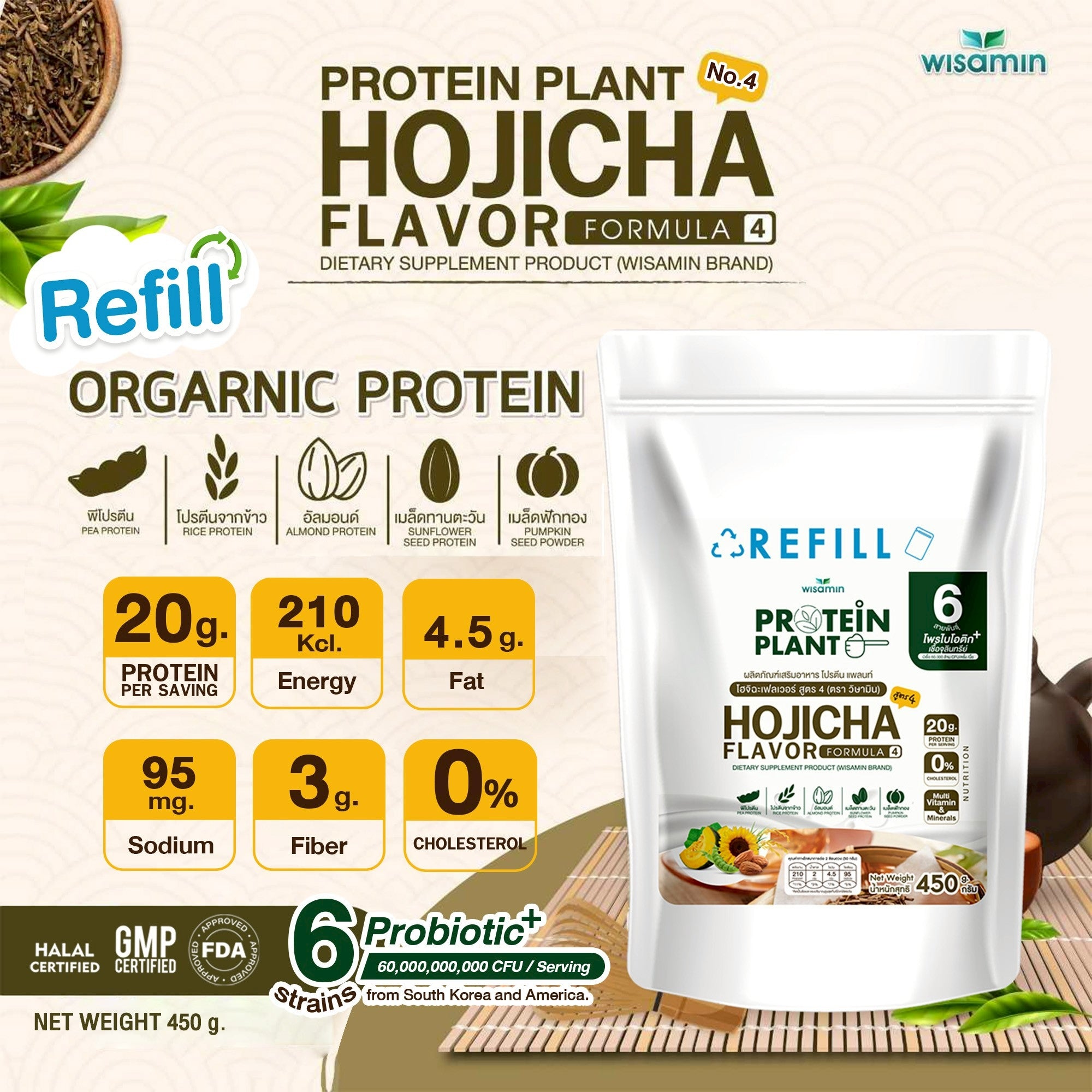 WISAMIN Plant Protein Formula 4 | Refill Pack 450 g | 14 Flavors | Halal Certified | Organic | Probiotics & Minerals