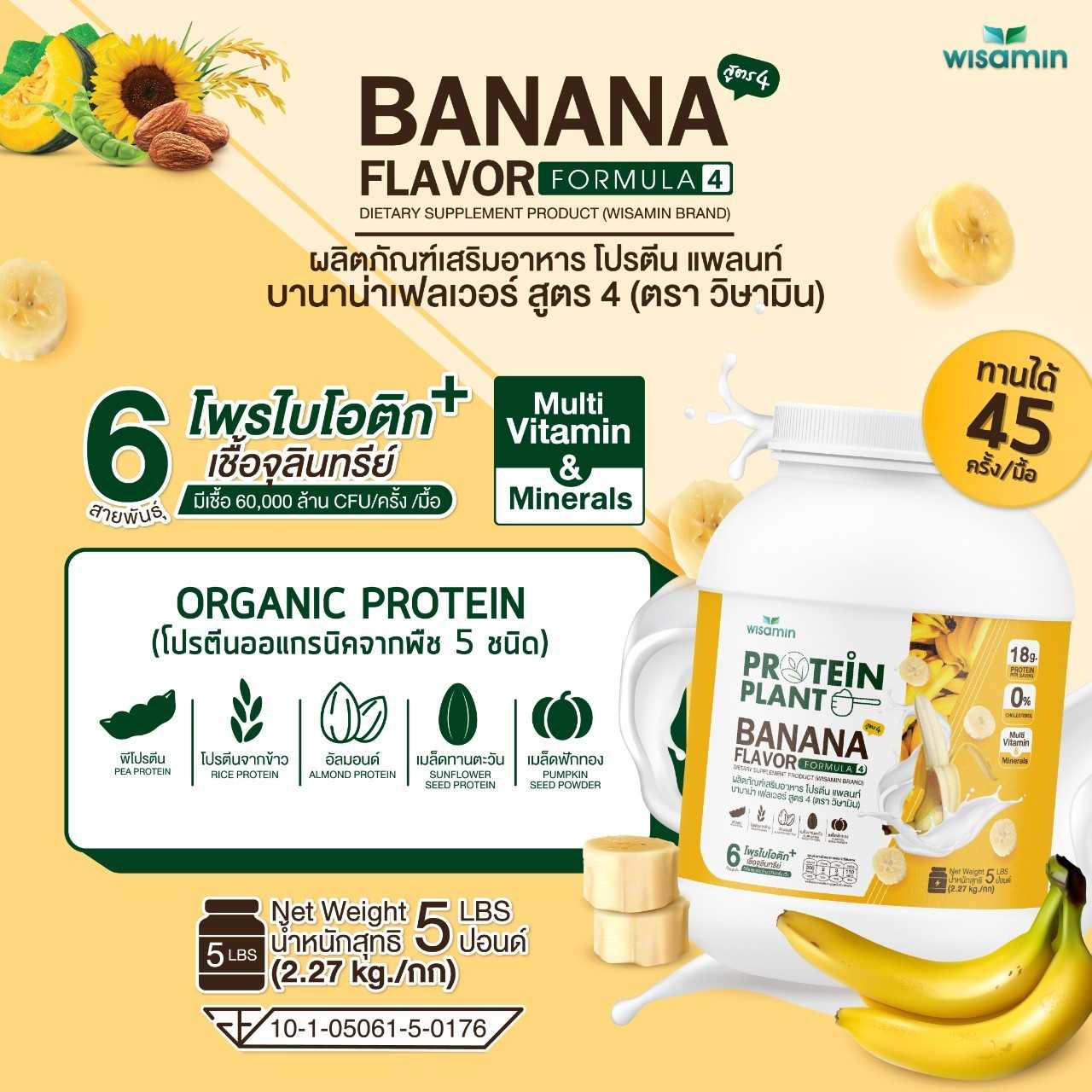 WISAMIN Plant Protein Formula 4 | Available in 14 Flavors | 2.27 kg (5LB) | 45 Servings | Halal | Organic | Probiotics & Minerals