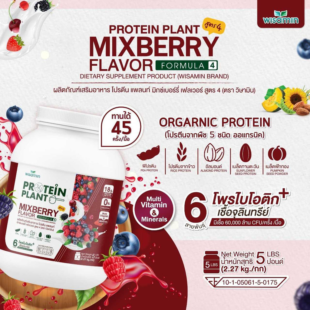WISAMIN Plant Protein Formula 4 | Available in 14 Flavors | 2.27 kg (5LB) | 45 Servings | Halal | Organic | Probiotics & Minerals