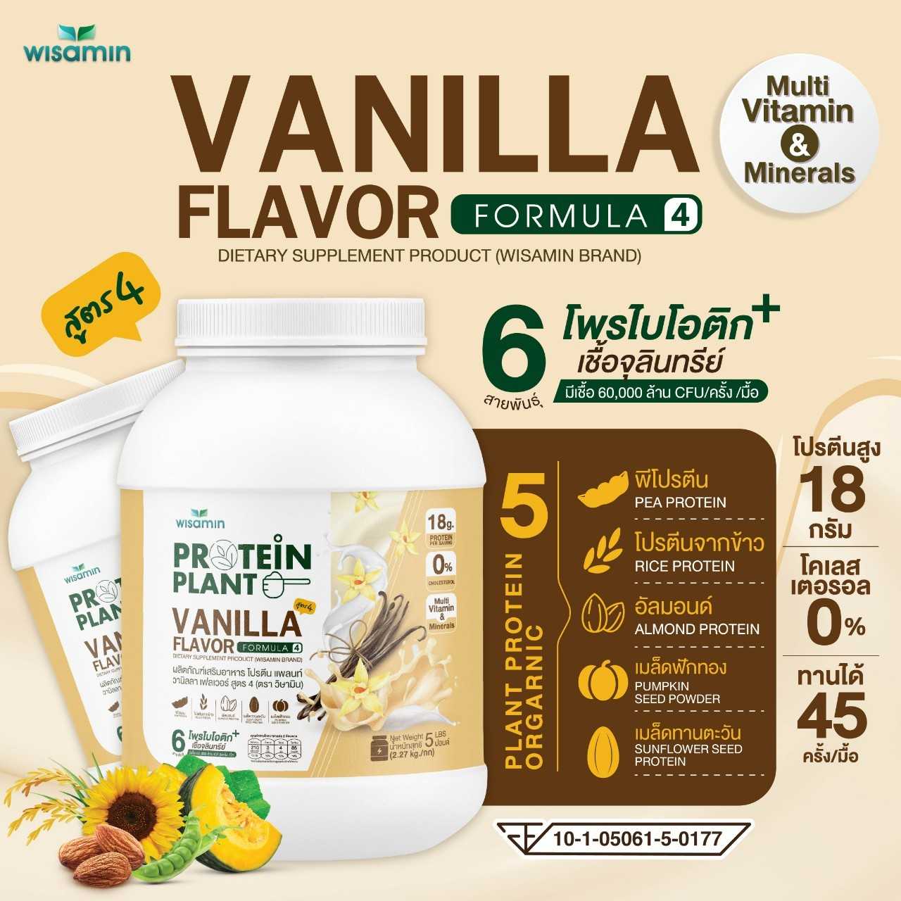 WISAMIN Plant Protein Formula 4 | Available in 14 Flavors | 2.27 kg (5LB) | 45 Servings | Halal | Organic | Probiotics & Minerals