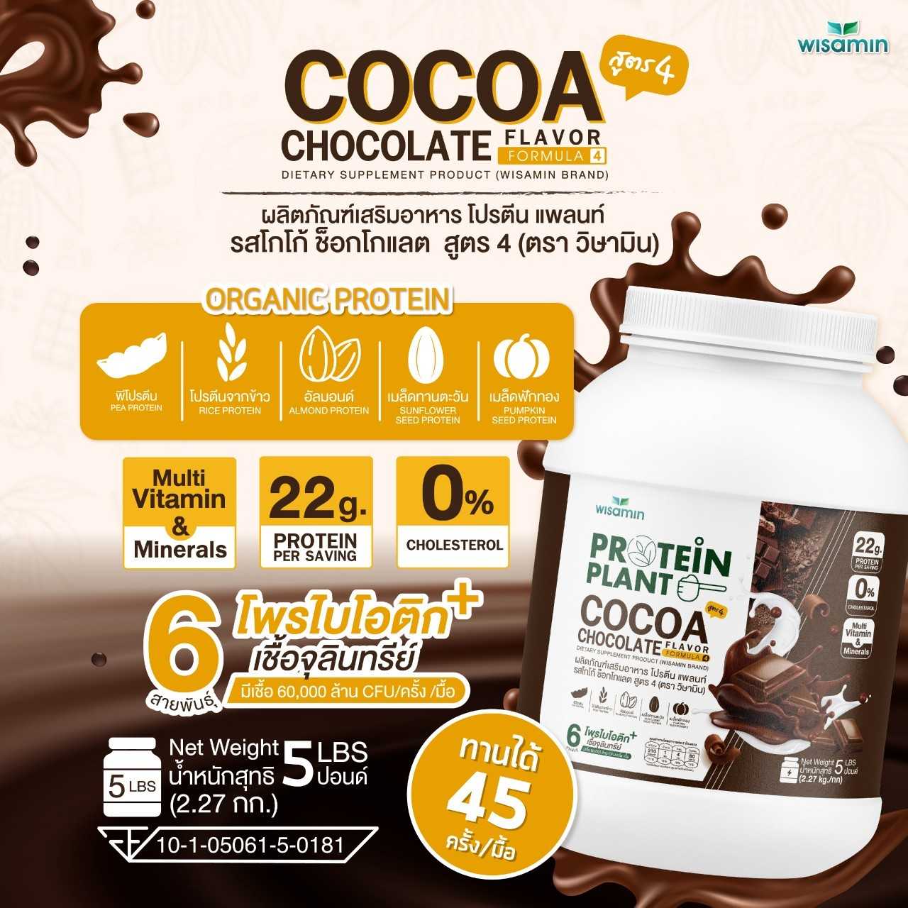 WISAMIN Plant Protein Formula 4 | Available in 14 Flavors | 2.27 kg (5LB) | 45 Servings | Halal | Organic | Probiotics & Minerals