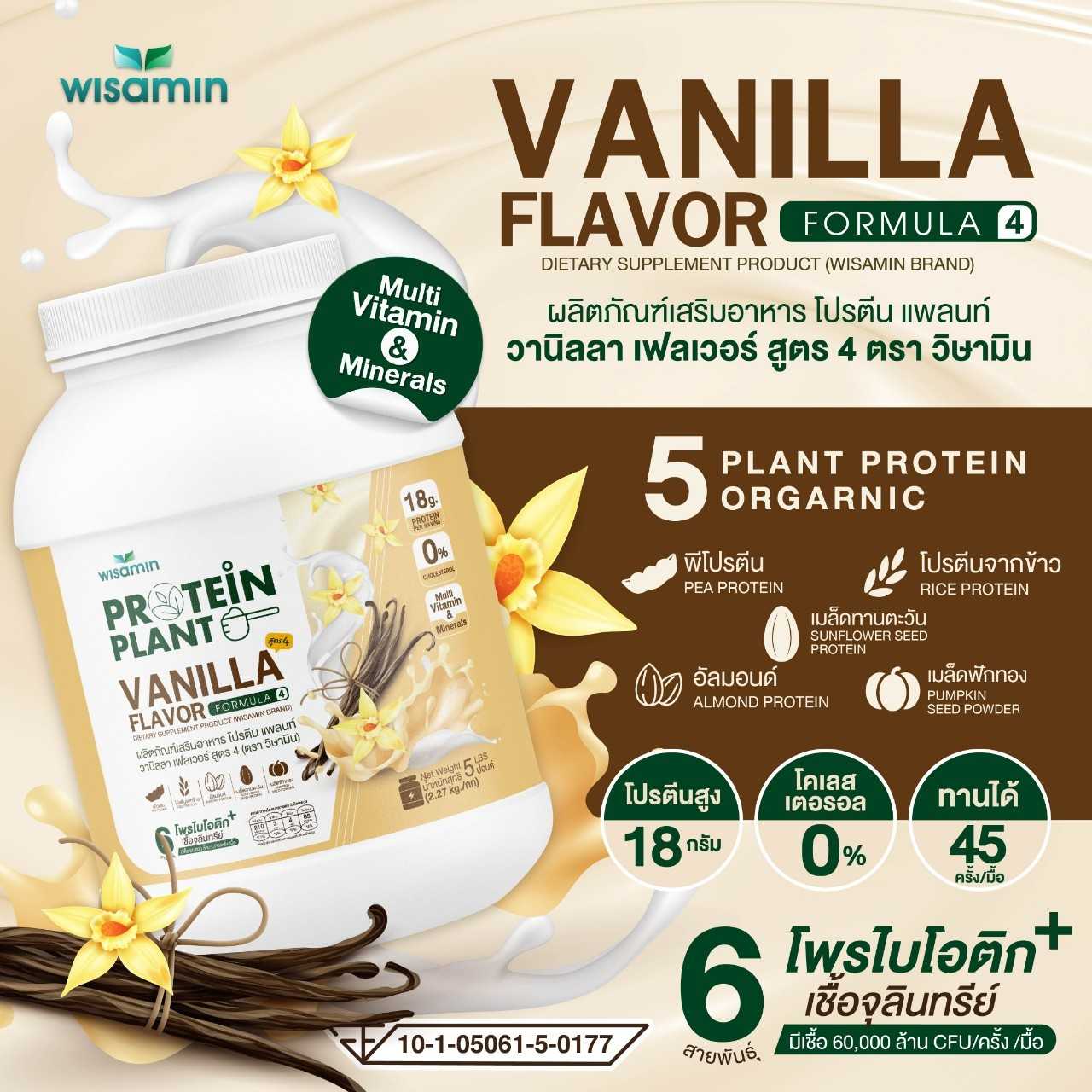 WISAMIN Plant Protein Formula 4 | Available in 14 Flavors | 2.27 kg (5LB) | 45 Servings | Halal | Organic | Probiotics & Minerals