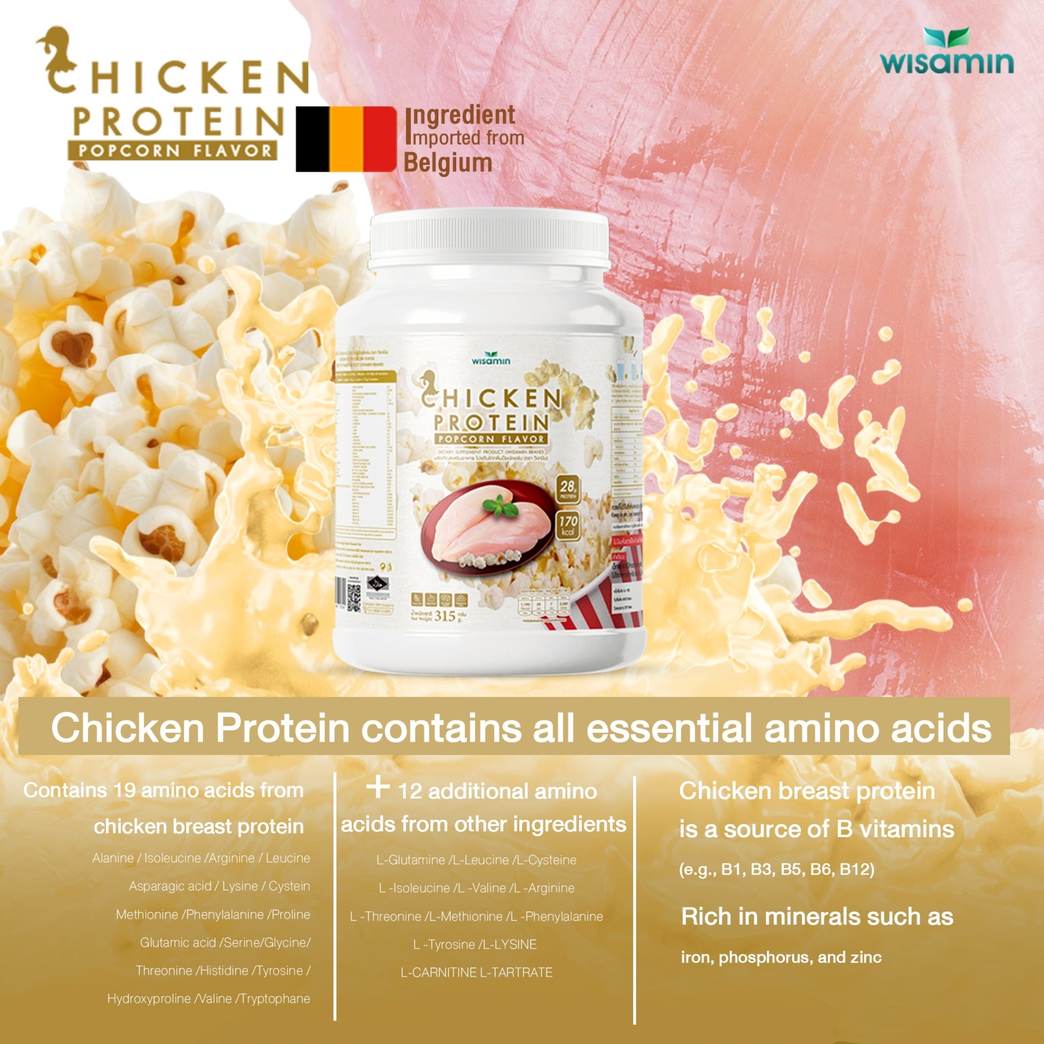 WISAMIN Hydrolyzed Chicken Protein | 4 Flavors Available | 315 g per Jar | Halal Certified | Gluten-Free | Non-GMO