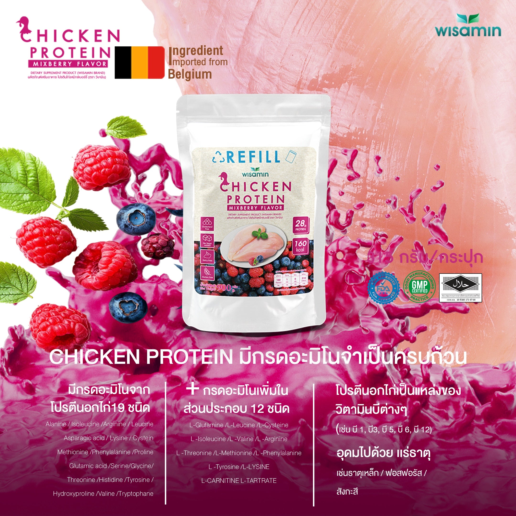 WISAMIN Hydrolyzed Chicken Protein  | Refill Pack | 900 g | 4 Flavors Available | Halal | Gluten-Free | Non-GMO