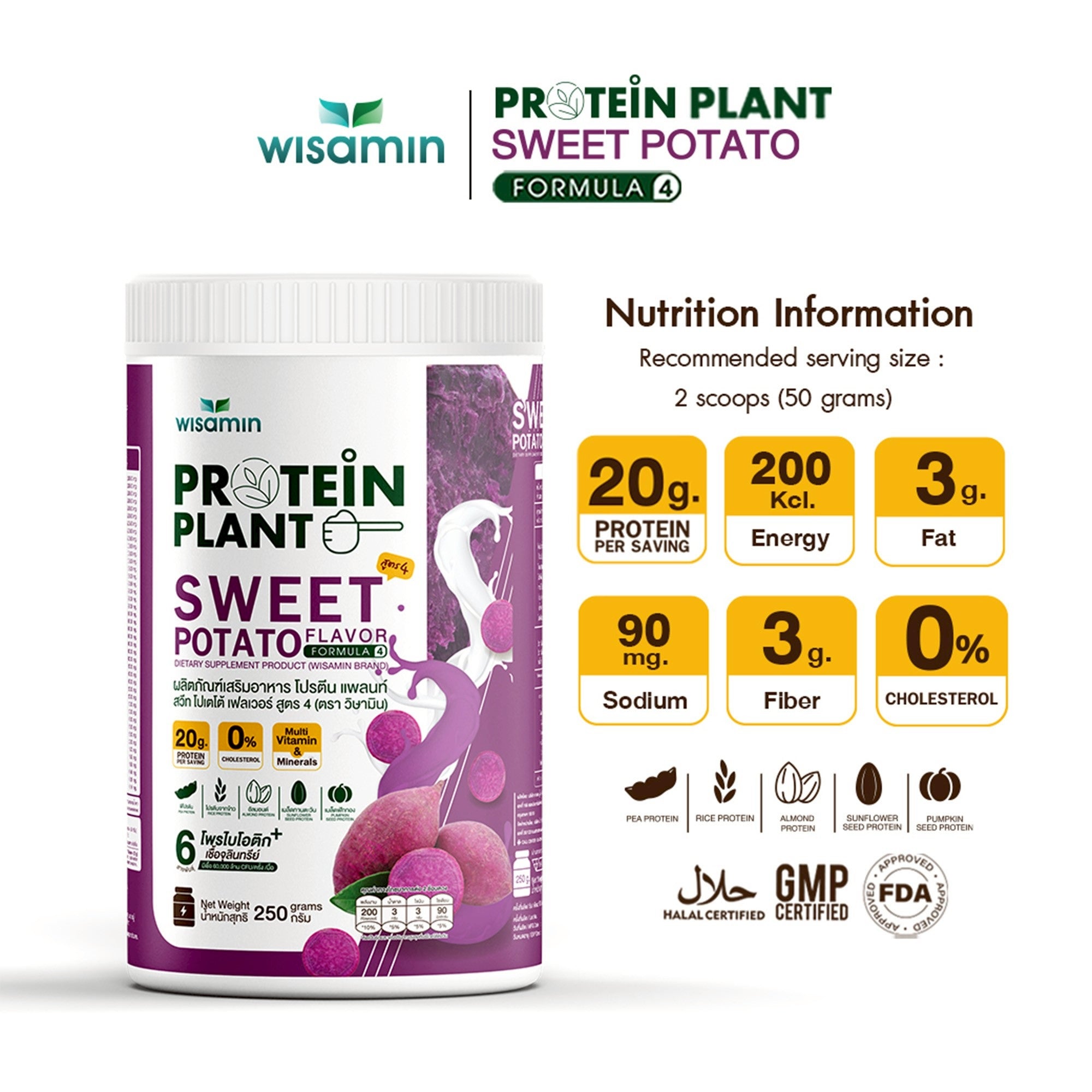 WISAMIN Plant Protein Formula 4 | High protein 18-22g | 250g | 14 Flavors | Halal Certified | Organic | Probiotics & Vitamin-Mineral Blend