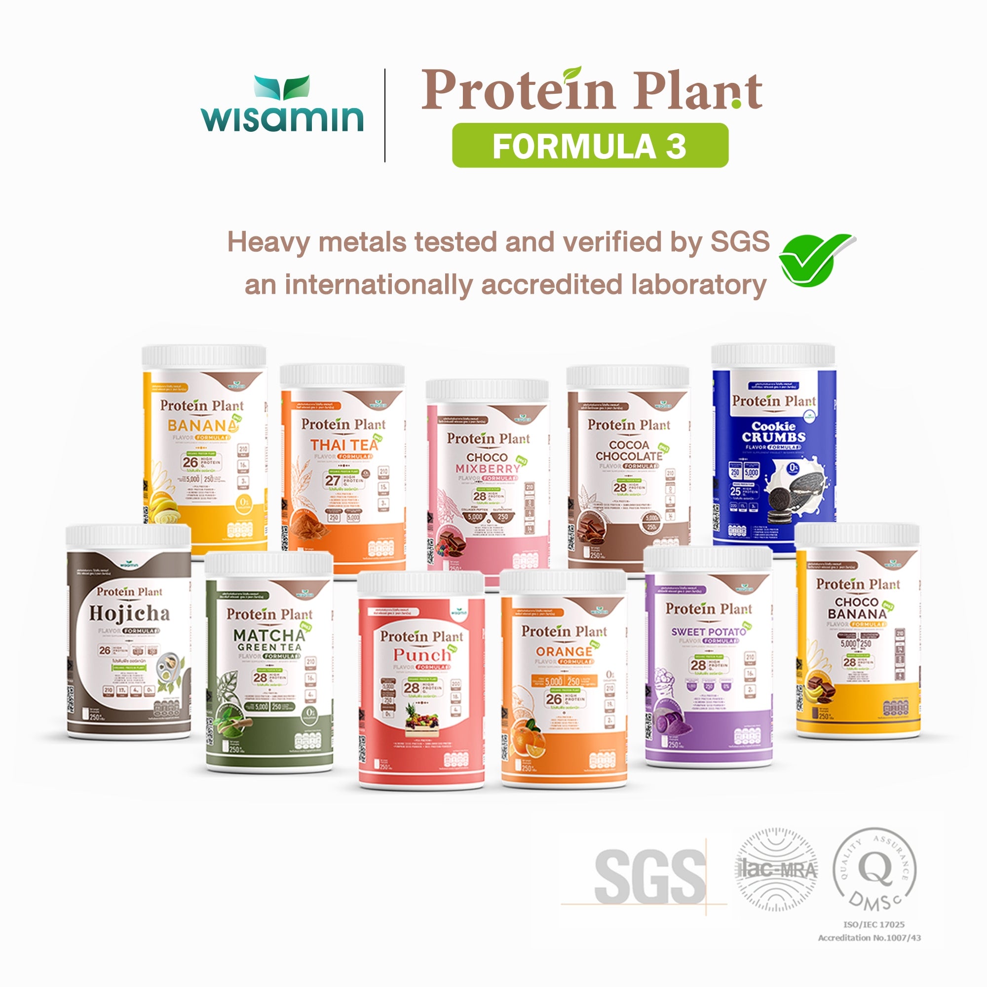 WISAMIN Plant Protein Formula 3 | High protein 25-28g | With Collagen Peptide & L-Glutathione | 250g | 11 Flavors | Halal Certified | Organic