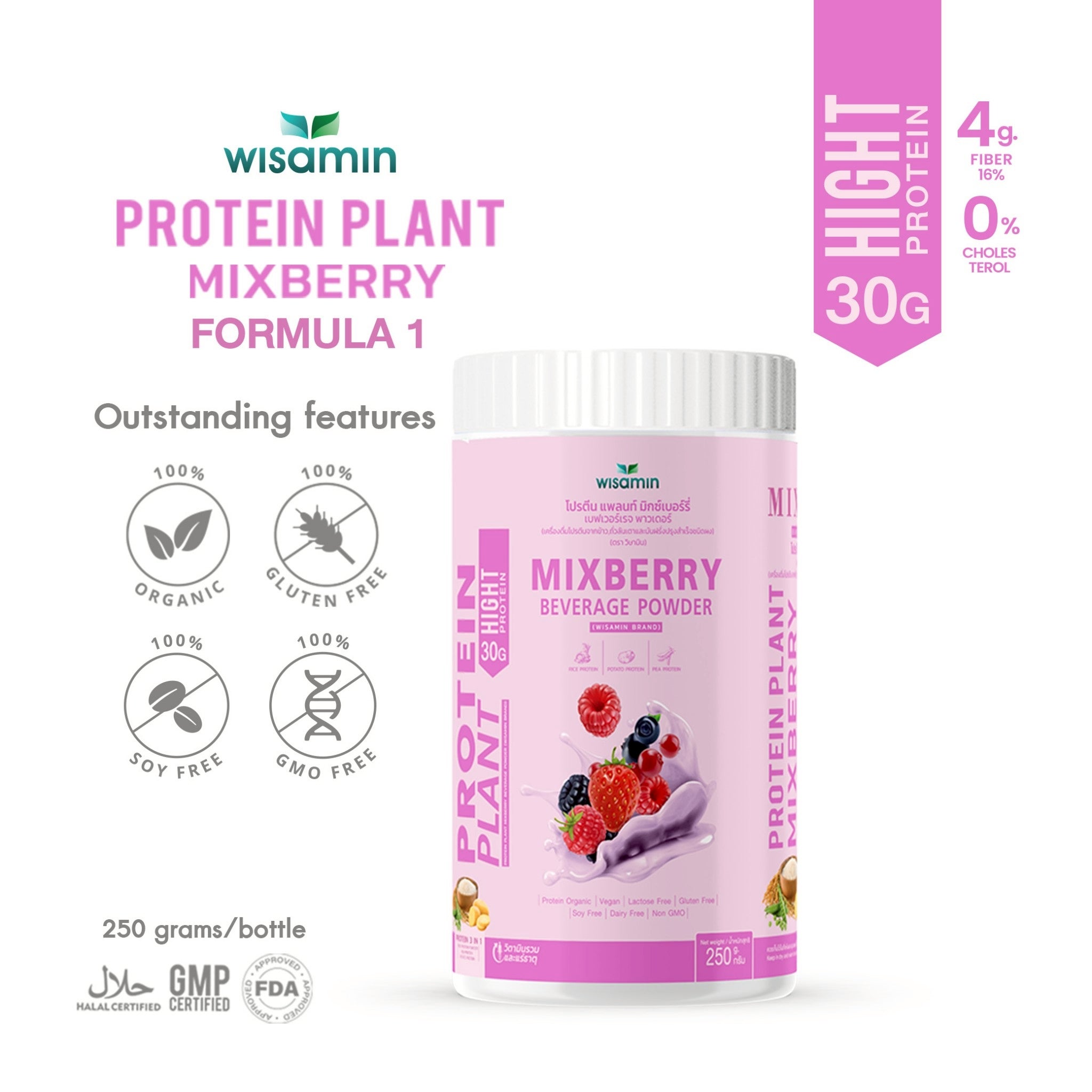 WISAMIN Plant Protein Formula 1 | High protein 27-30g | 10 Flavors | 250g | Organic | Halal | Soy-Free | Non-GMO | No Added Sugar