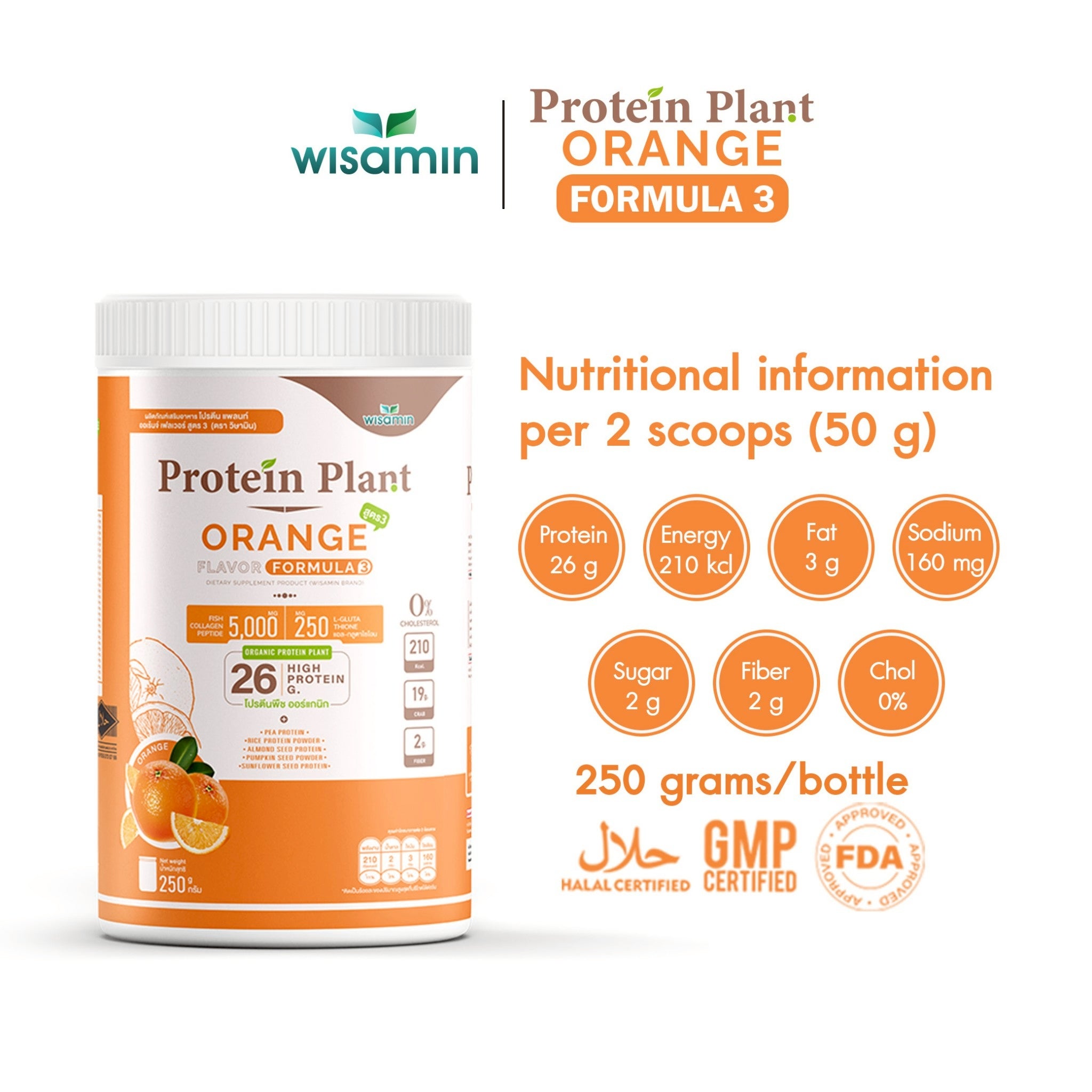 WISAMIN Formula Protein Tumbuhan 3 | Protein tinggi 25-28g | Dengan Peptida Kolagen & L-Glutathione | 250g | 11 Perisa | Disahkan Halal | Organik