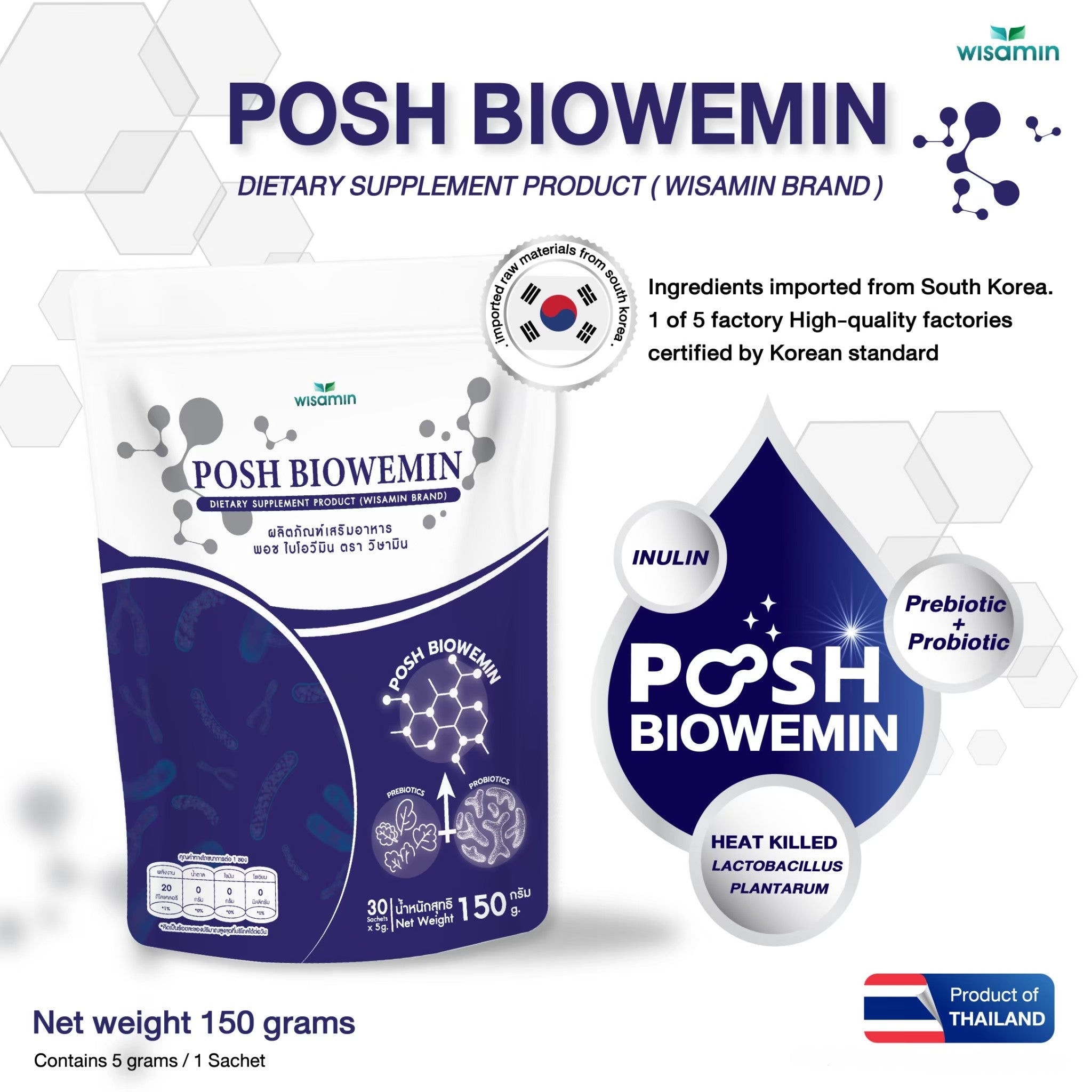 WISAMIN Posh Bio Wemin Postbiotic | Probiotics + Prebiotics | Halal Certified | 1 Bag (30 Sachets)