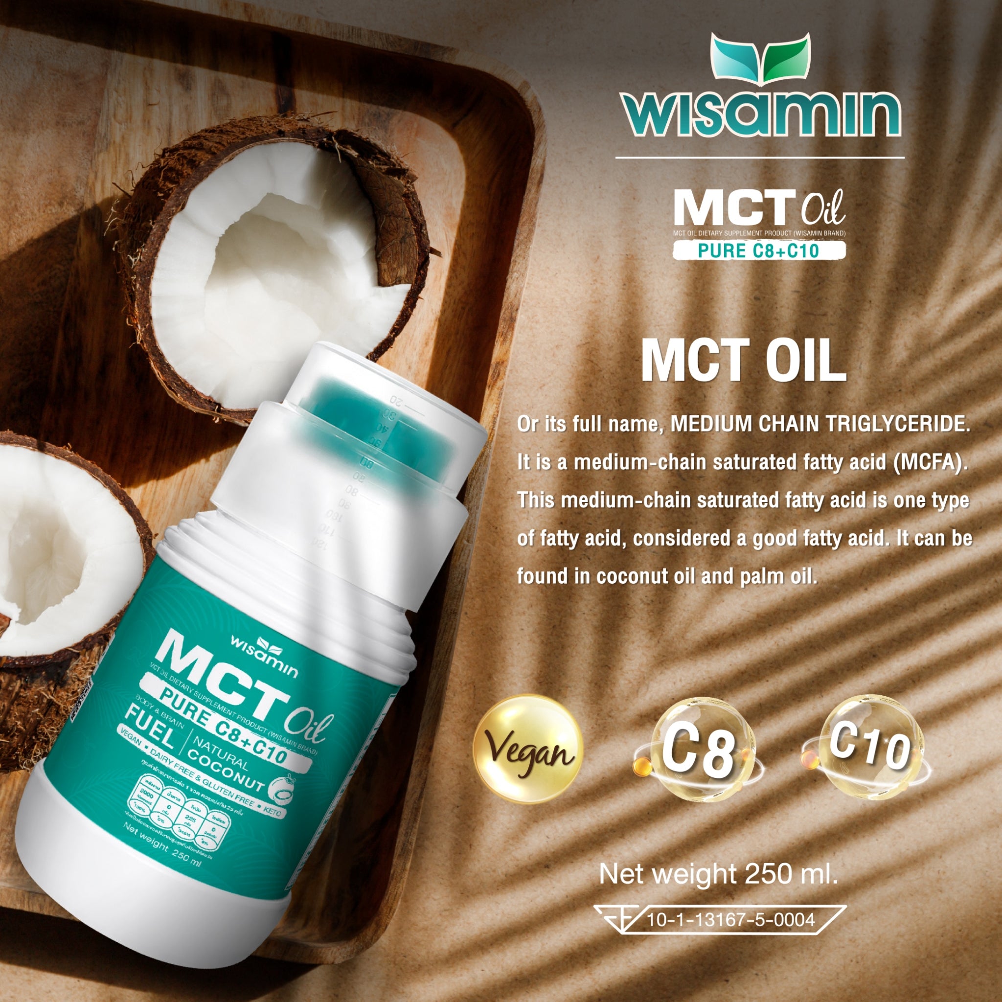 WISAMIN 100% Pure Coconut MCT Oil C8+C10 | Liquid 250ml | Vegan & Keto