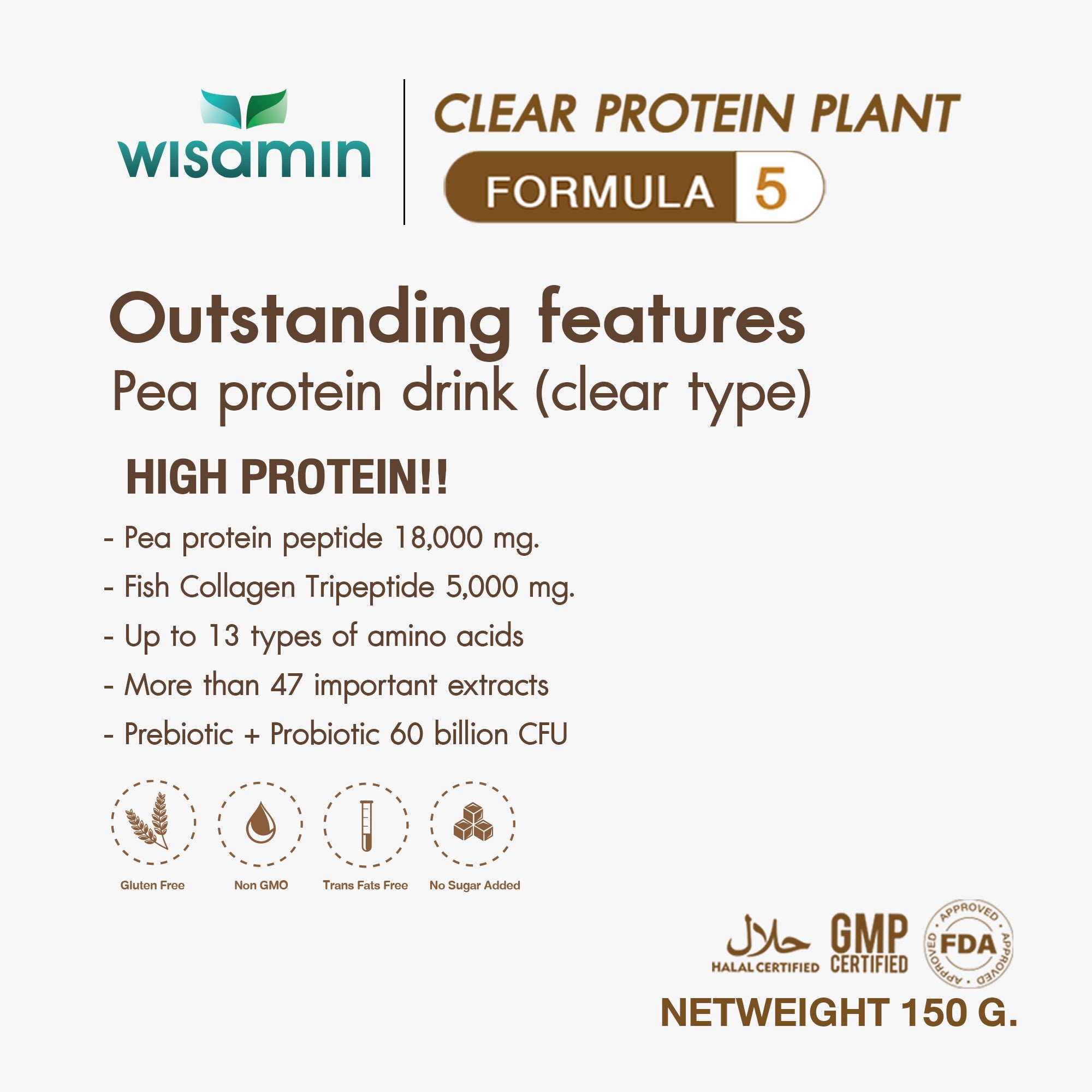 WISAMIN Clear Plant Protein Peptide Formula 5 | 150g | 5 Flavors | Halal Certified | Gluten-Free | Non-GMO
