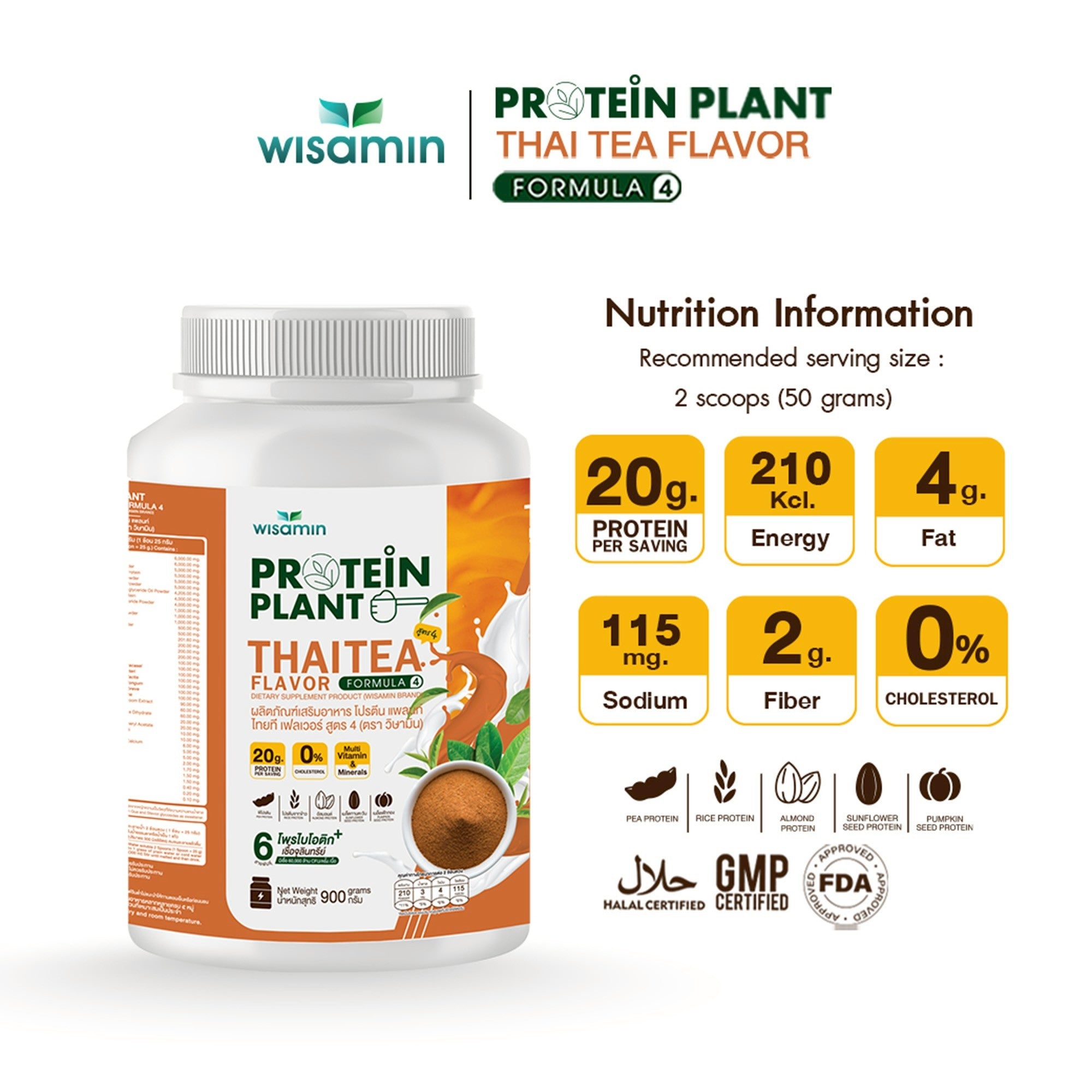WISAMIN Plant Protein Formula 4 | High protein 18-22g | 900g 2LBS | 14 Flavors | Halal Certified | Organic | Probiotics & Vitamin-Mineral Blend
