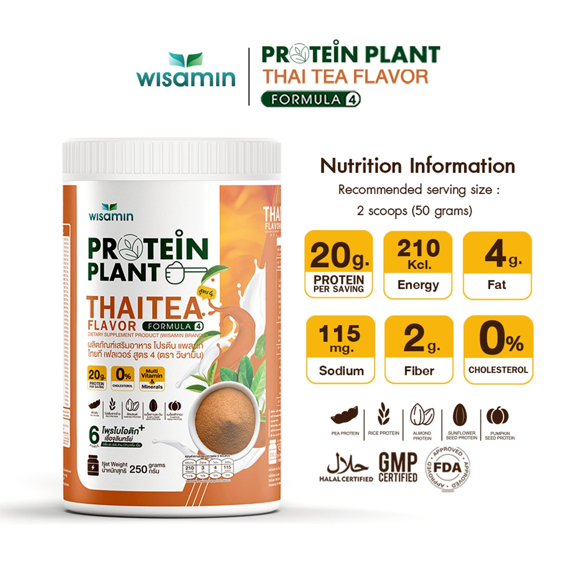 WISAMIN Plant Protein Formula 4 | High protein 18-22g | 250g | 14 Flavors | Halal Certified | Organic | Probiotics & Vitamin-Mineral Blend
