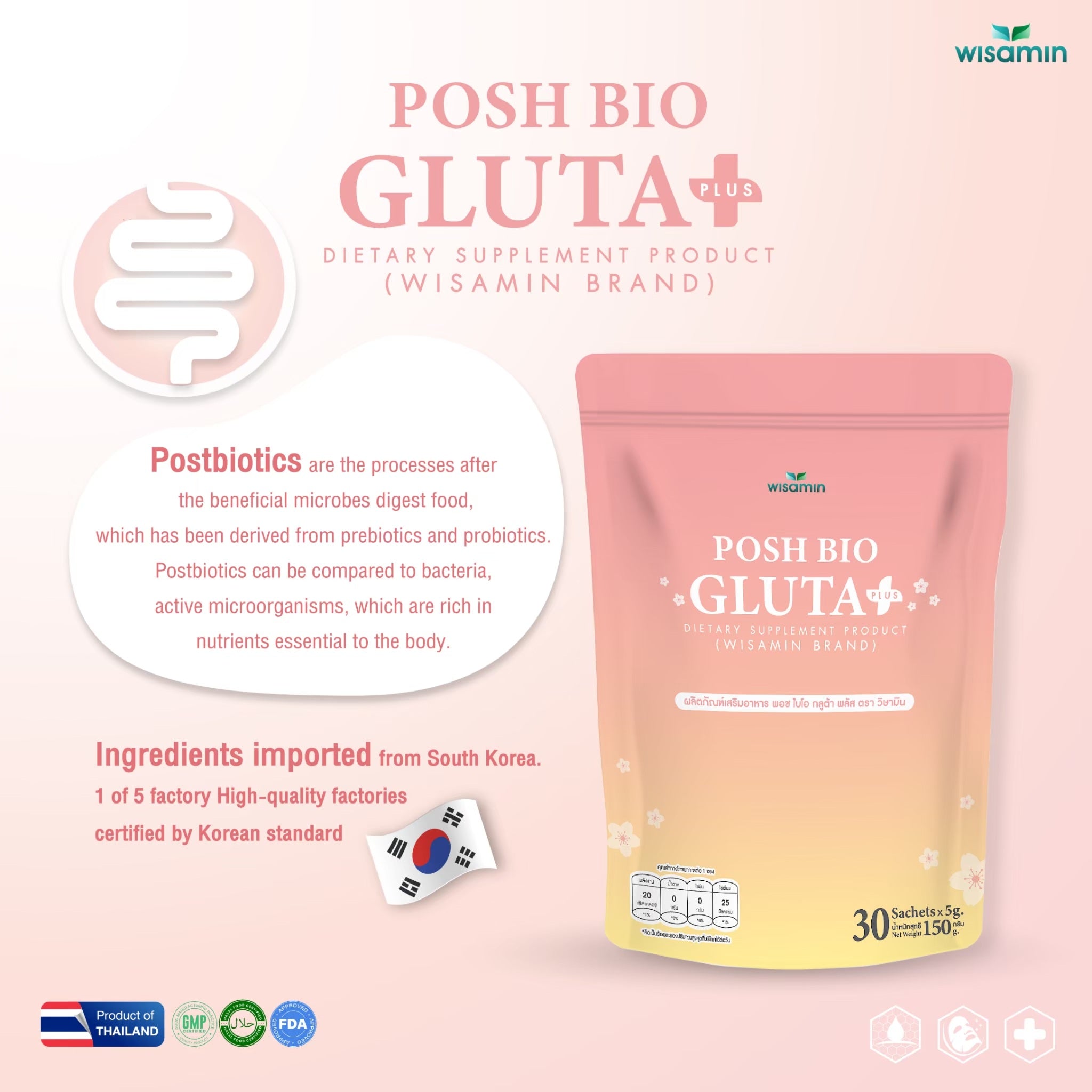 WISAMIN Posh Bio Gluta | Postbiotic (Probiotics + Prebiotics) + L-Glutathione | Halal Certified | 1 Bag (30 Sachets)