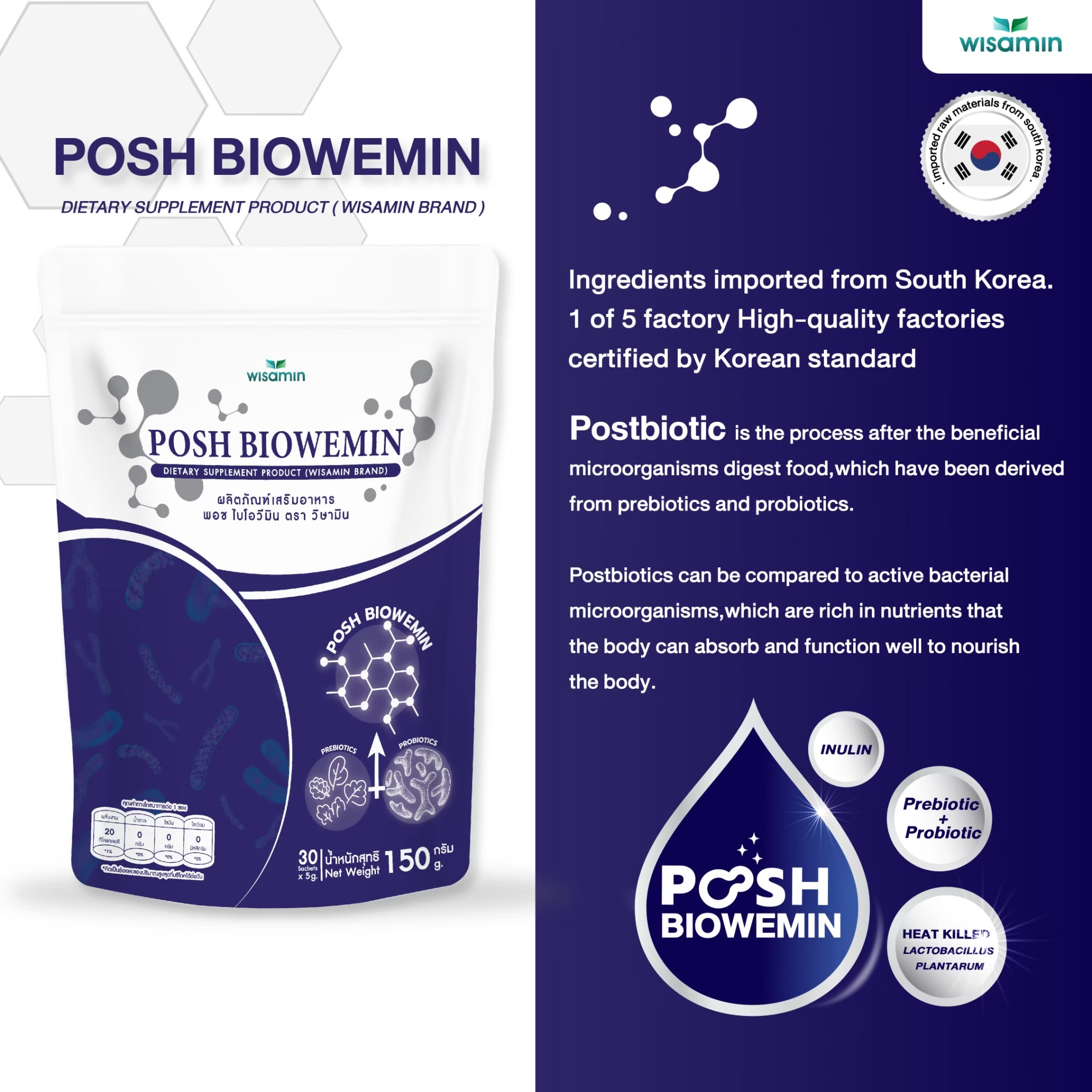 WISAMIN Posh Bio Wemin Postbiotic | Probiotics + Prebiotics | Halal Certified | 1 Bag (30 Sachets)