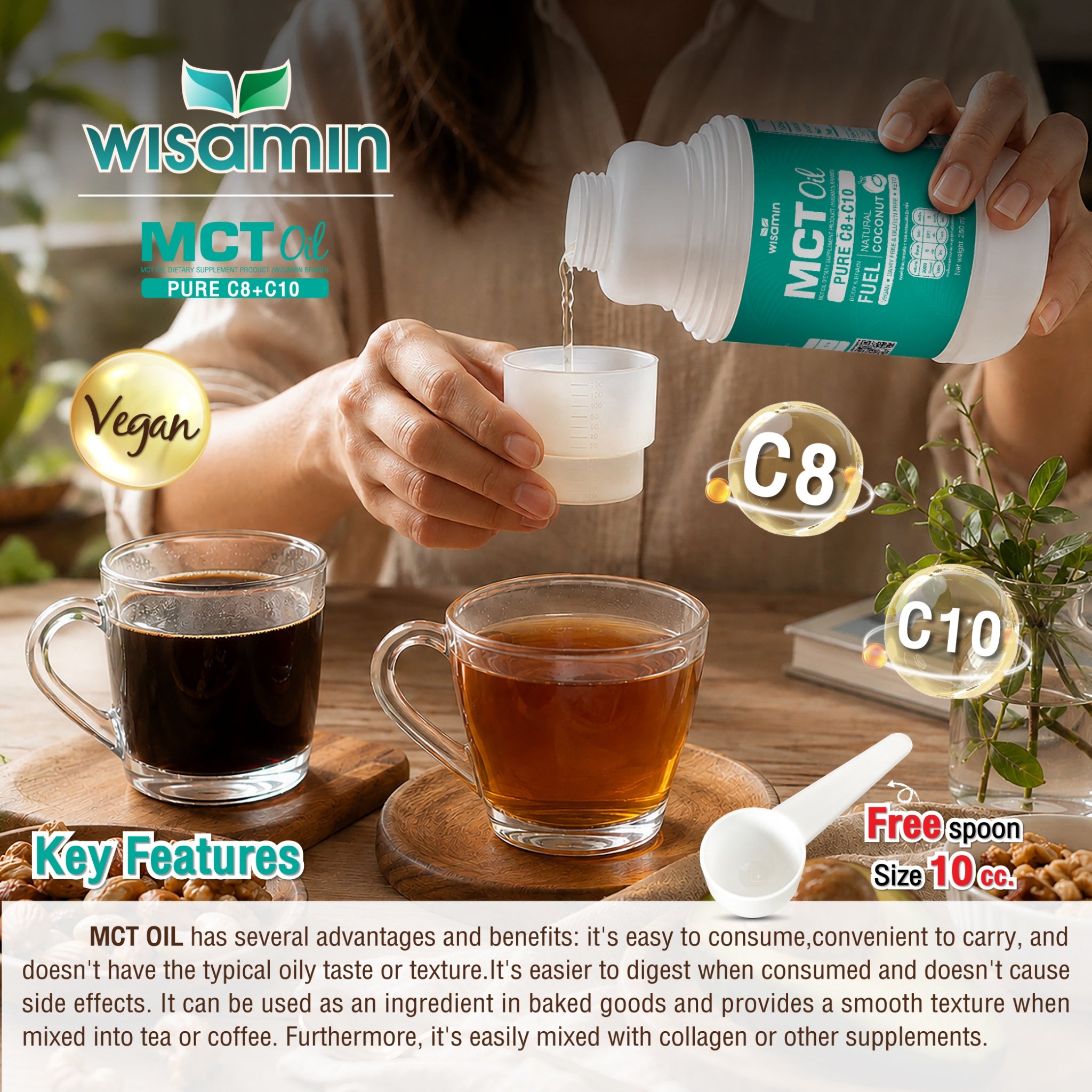 WISAMIN 100% Pure Coconut MCT Oil C8+C10 | Liquid 250ml | Vegan & Keto