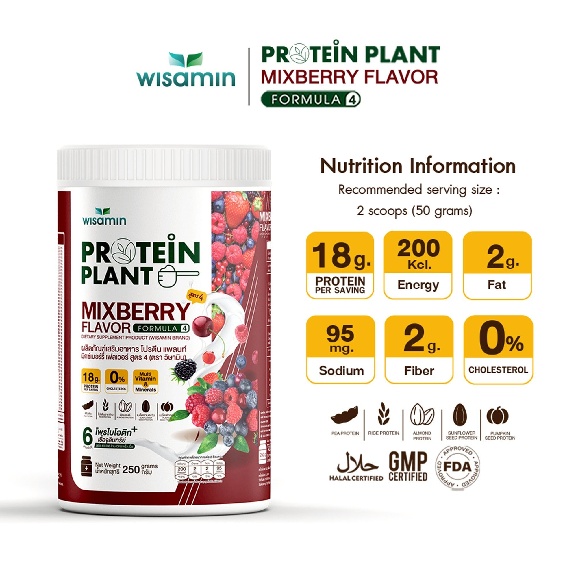 WISAMIN Plant Protein Formula 4 | High protein 18-22g | 250g | 14 Flavors | Halal Certified | Organic | Probiotics & Vitamin-Mineral Blend
