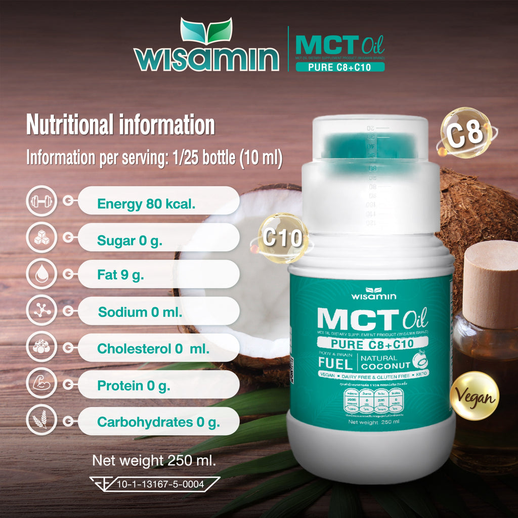WISAMIN 100% Pure Coconut MCT Oil C8+C10 | Liquid 250ml | Vegan & Keto