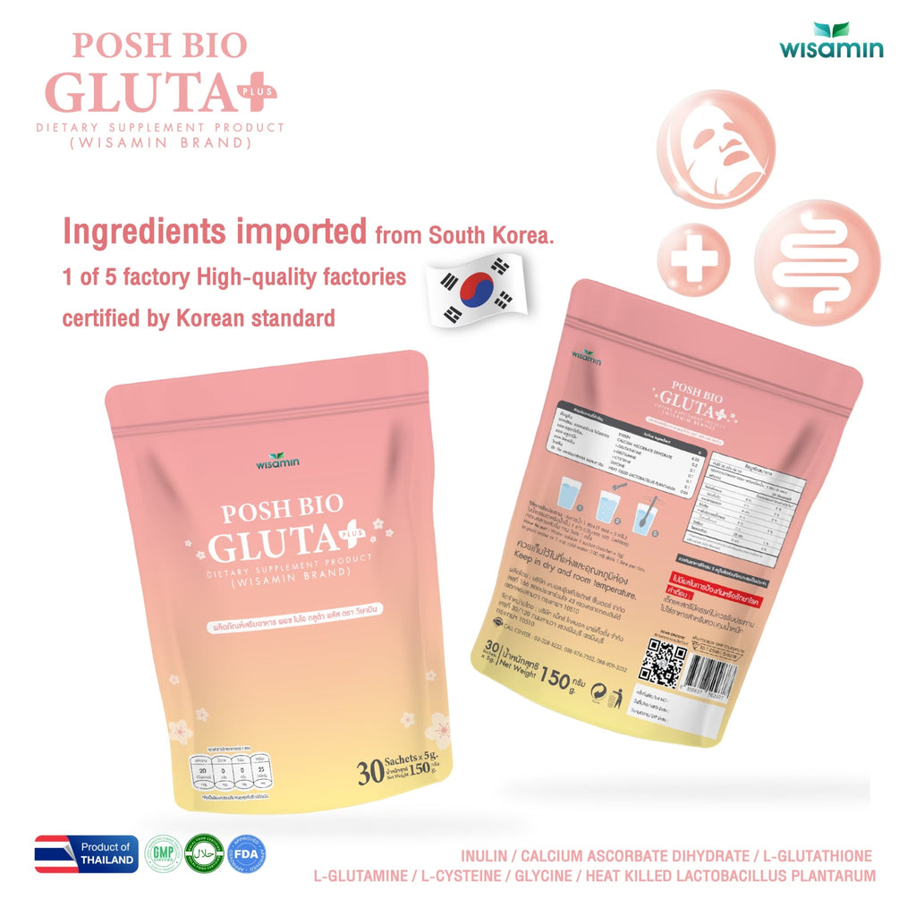 WISAMIN Posh Bio Gluta | Postbiotic (Probiotics + Prebiotics) + L-Glutathione | Halal Certified | 1 Bag (30 Sachets)