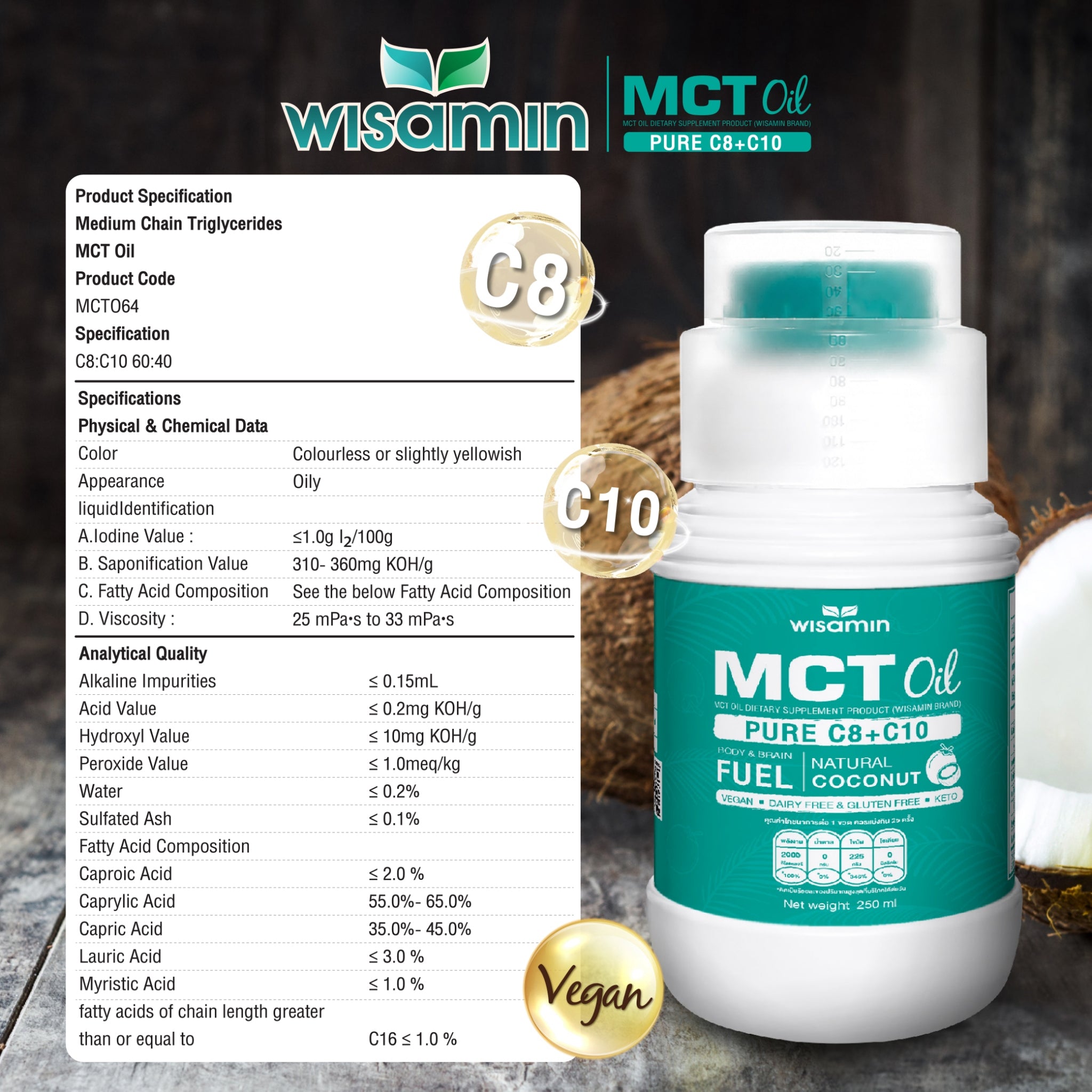 WISAMIN 100% Pure Coconut MCT Oil C8+C10 | Liquid 250ml | Vegan & Keto
