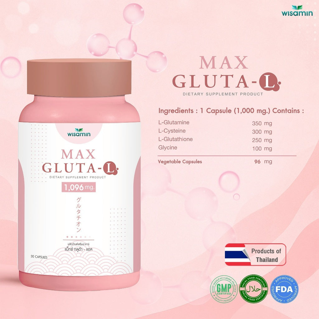 WISAMIN MAX GLUTA-L 1,000 mg per Capsule | Halal Certified | 1 Bottle 30 Capsules | Dietary Supplement